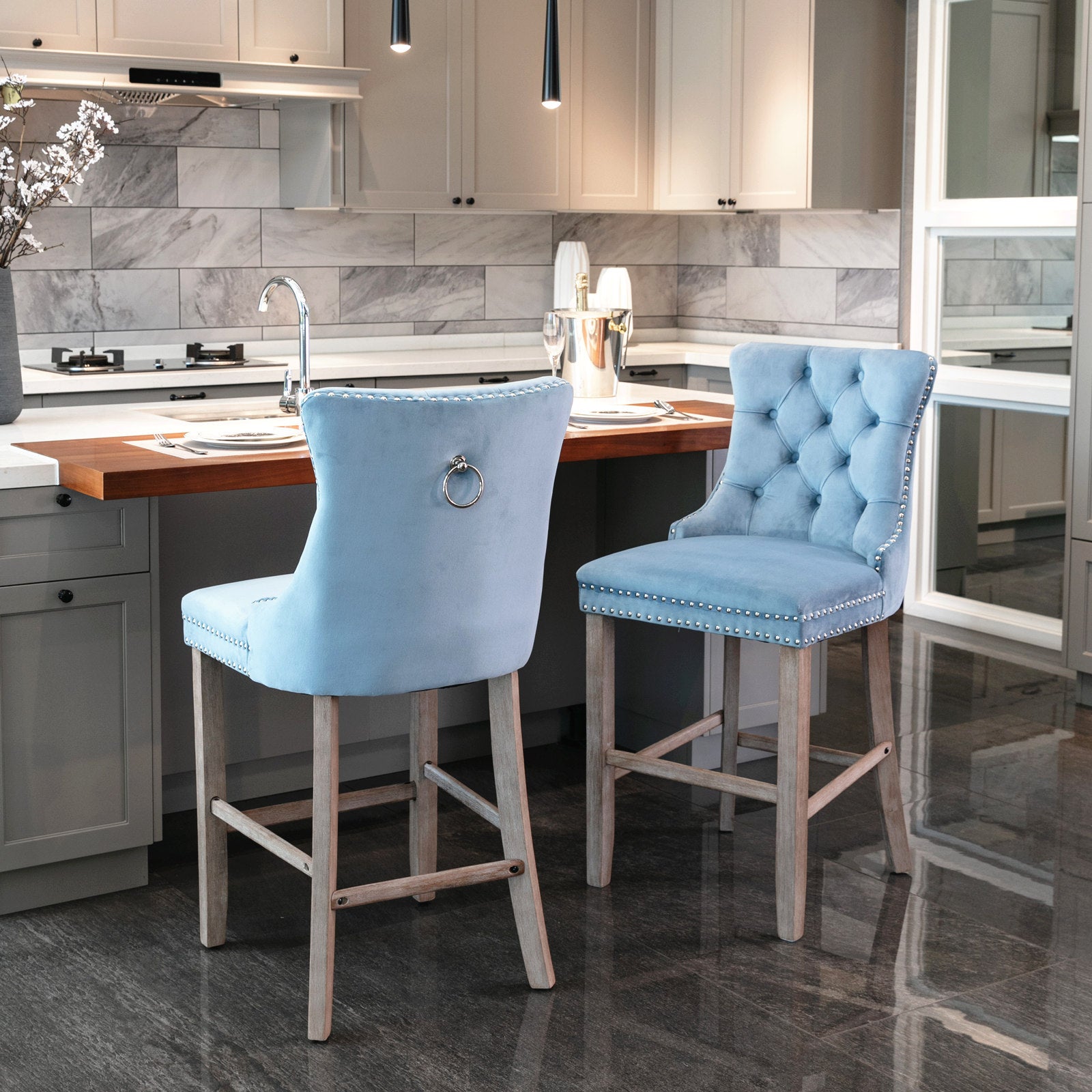 Modern Velvet Bar Stools with Button Tufted Back & Wooden Legs - Set of 2 Light Blue Bar Chairs with Chrome Nailhead Trim for Kitchen Island, Breakfast Bar & Home Decor (SW2002LB)