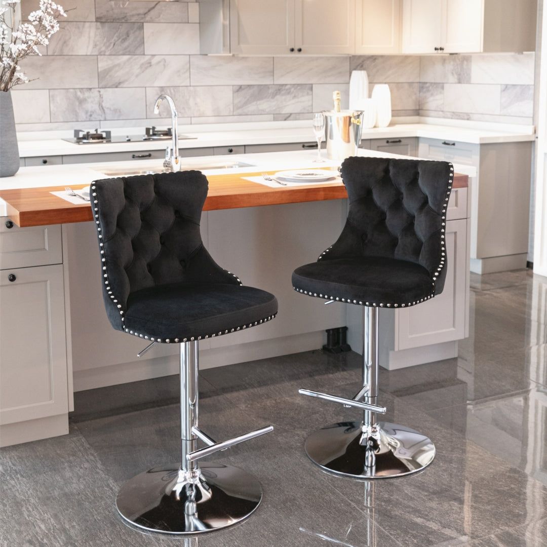 Adjustable Swivel Bar Stools with Footrest - 4 Pack Velvet Upholstered Bar Stools with Chrome Base & Studded Design for Kitchen Island, Home Bar & Dining Room