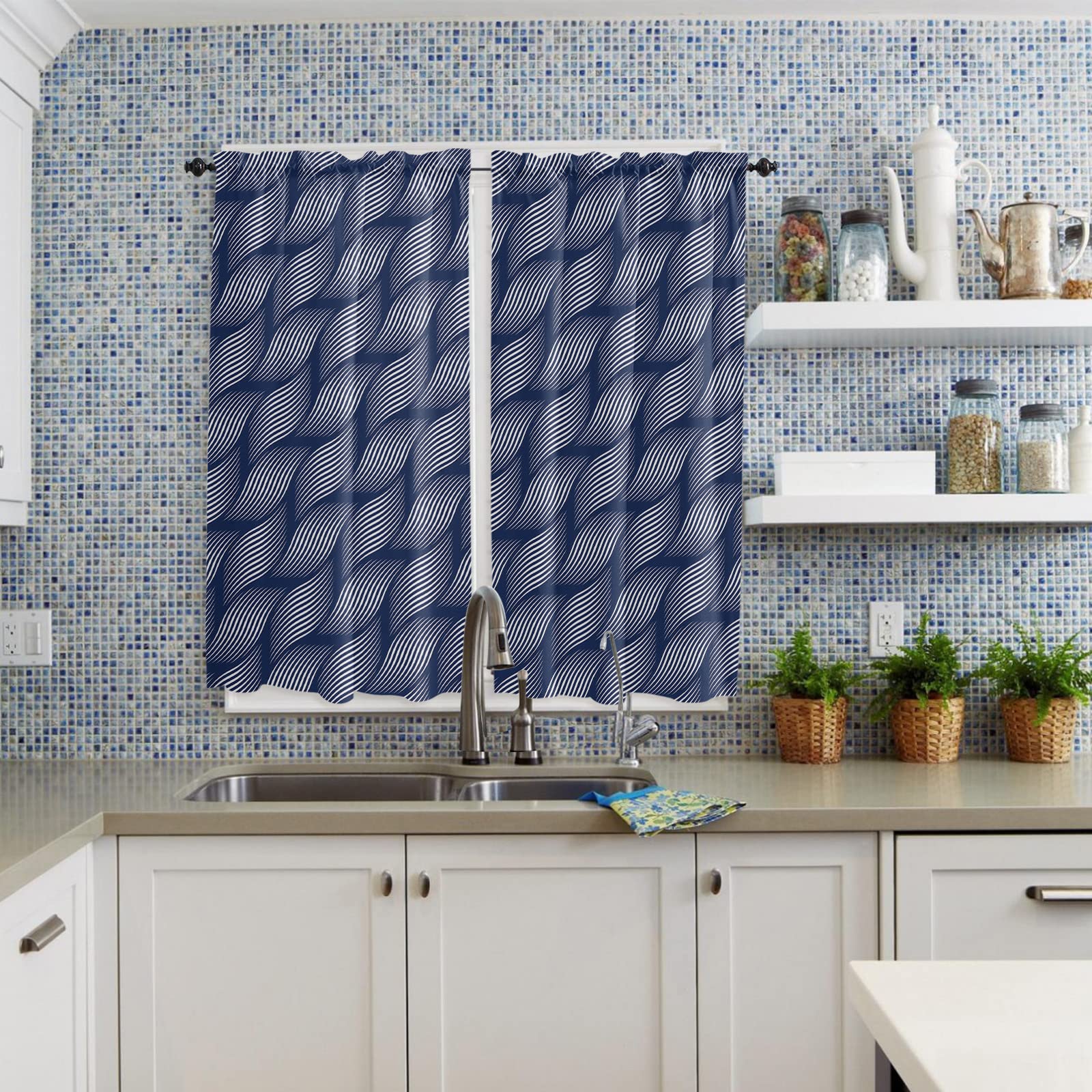 72 Inch Abstract Wave Blue Geometric Stripe Kitchen Curtains - 2 Panel Window Drapes with Rod Pocket for Cafe & Living Room - Modern Floral Line Window Treatment for Home Decor & Restaurant Style