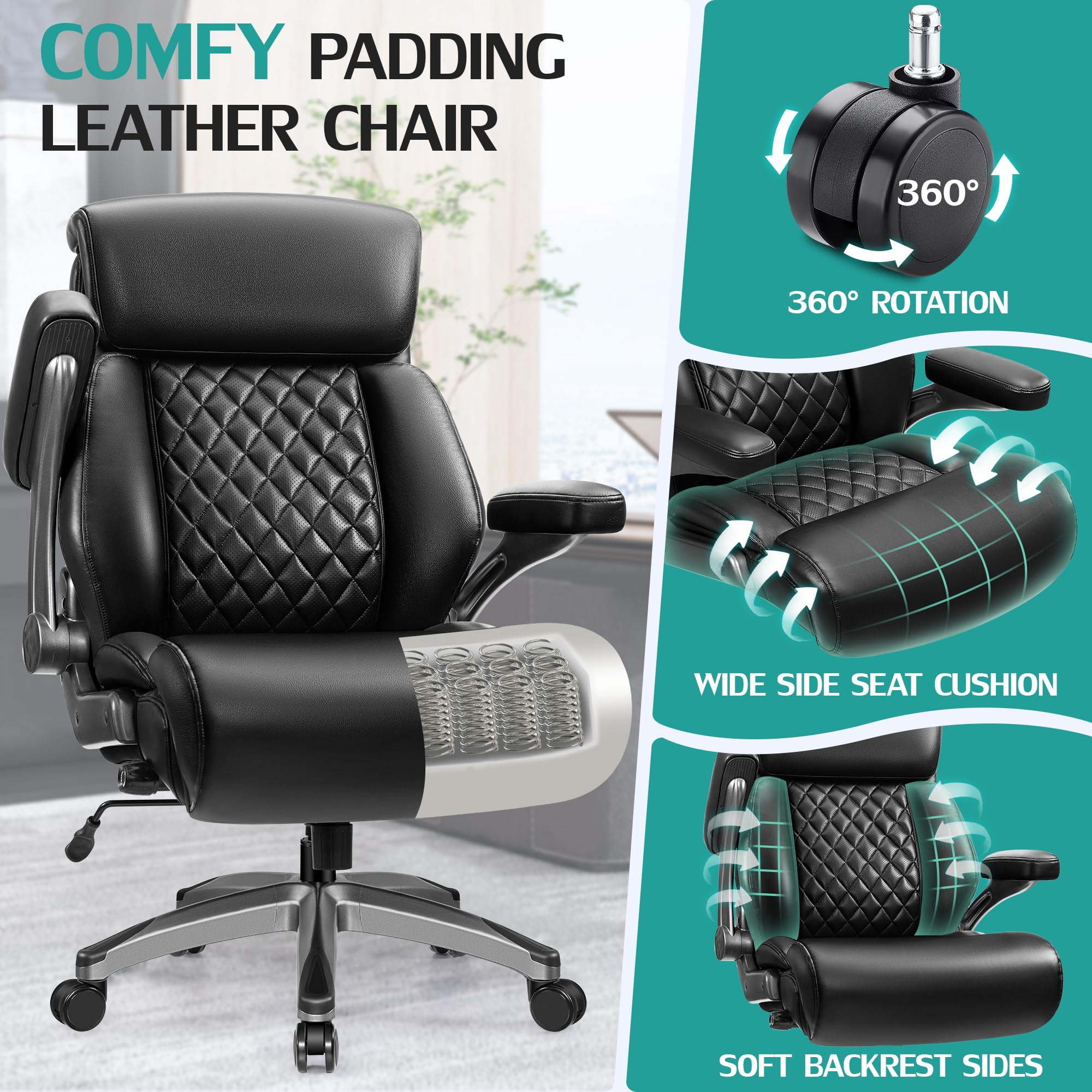 Premium 500lbs Executive Office Chair - Heavy Duty Big & Tall Desk Chair for Large People - Adjustable Lumbar Support & Armrests - Thick PU Leather Gaming Chair - Ideal for Home Office & Professional Workspaces