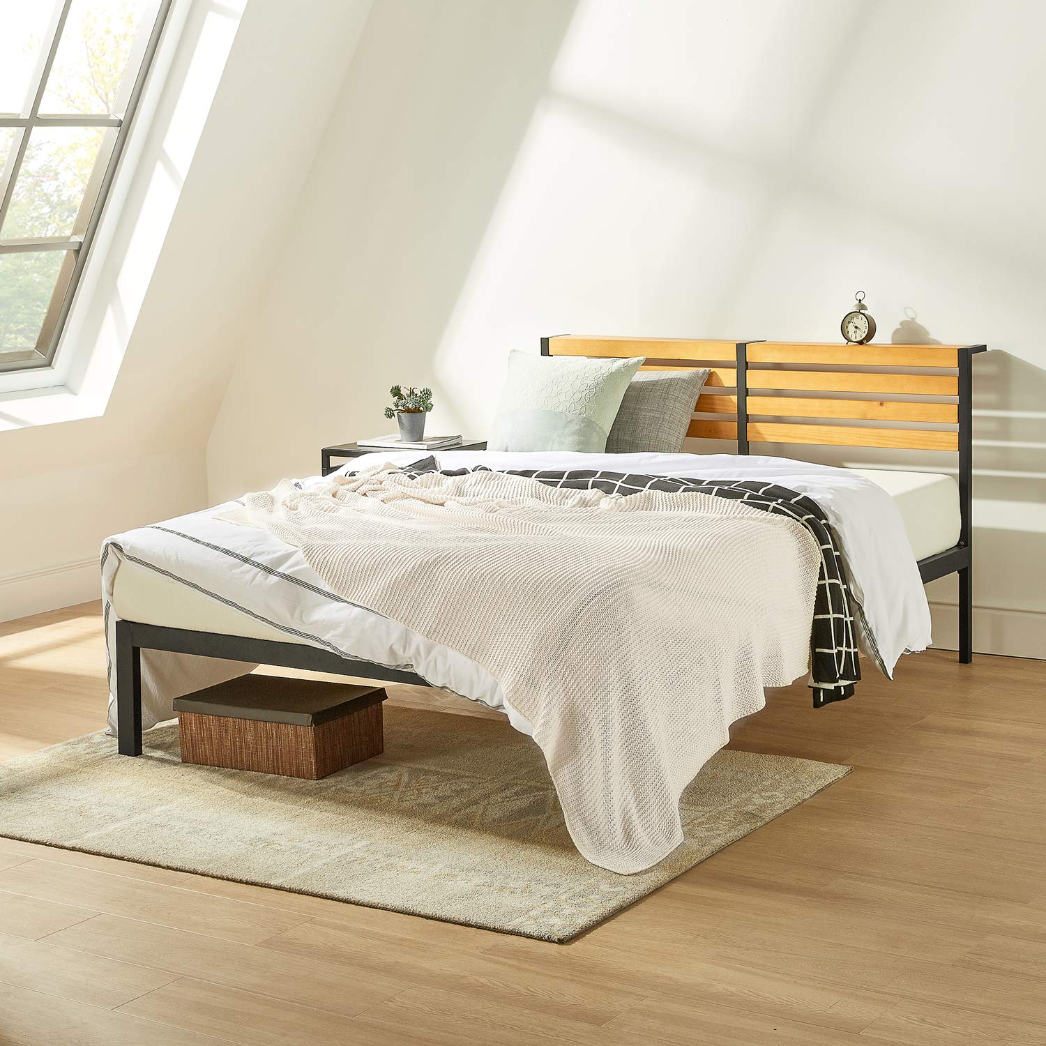 Solid Pine Wood Mellow Kasi Metal Platform Bed with Panel Headboard Shelf - King Size Easy Assembly Bed Frame (SHPB-KAK) | Perfect for Modern Bedrooms, Guest Rooms & Small Spaces