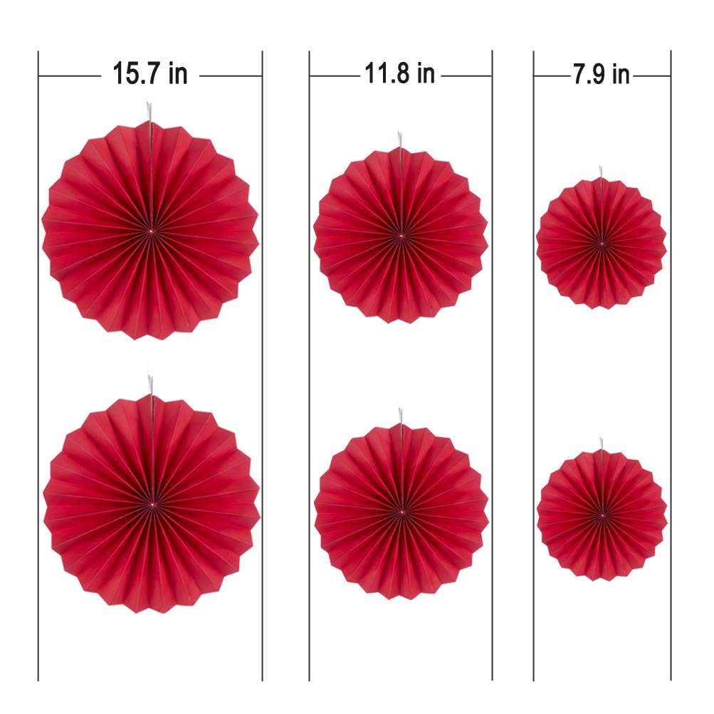 MOWO 6-Piece Red Paper Fan Hanging Decorations - Traditional Chinese Style Hand Fans for Home, Wedding, Party & Festival Decor