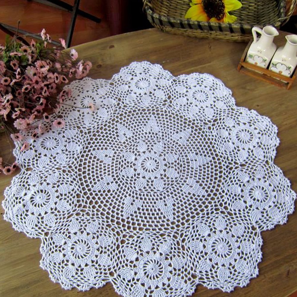 Handmade Cotton Crochet Lace Table Runner - 23 Inch Round Doily Tablecloth, Dresser Scarf for Dining Table, Coffee Table, Wedding Decor (White) - Elegant Home & Party Decoration