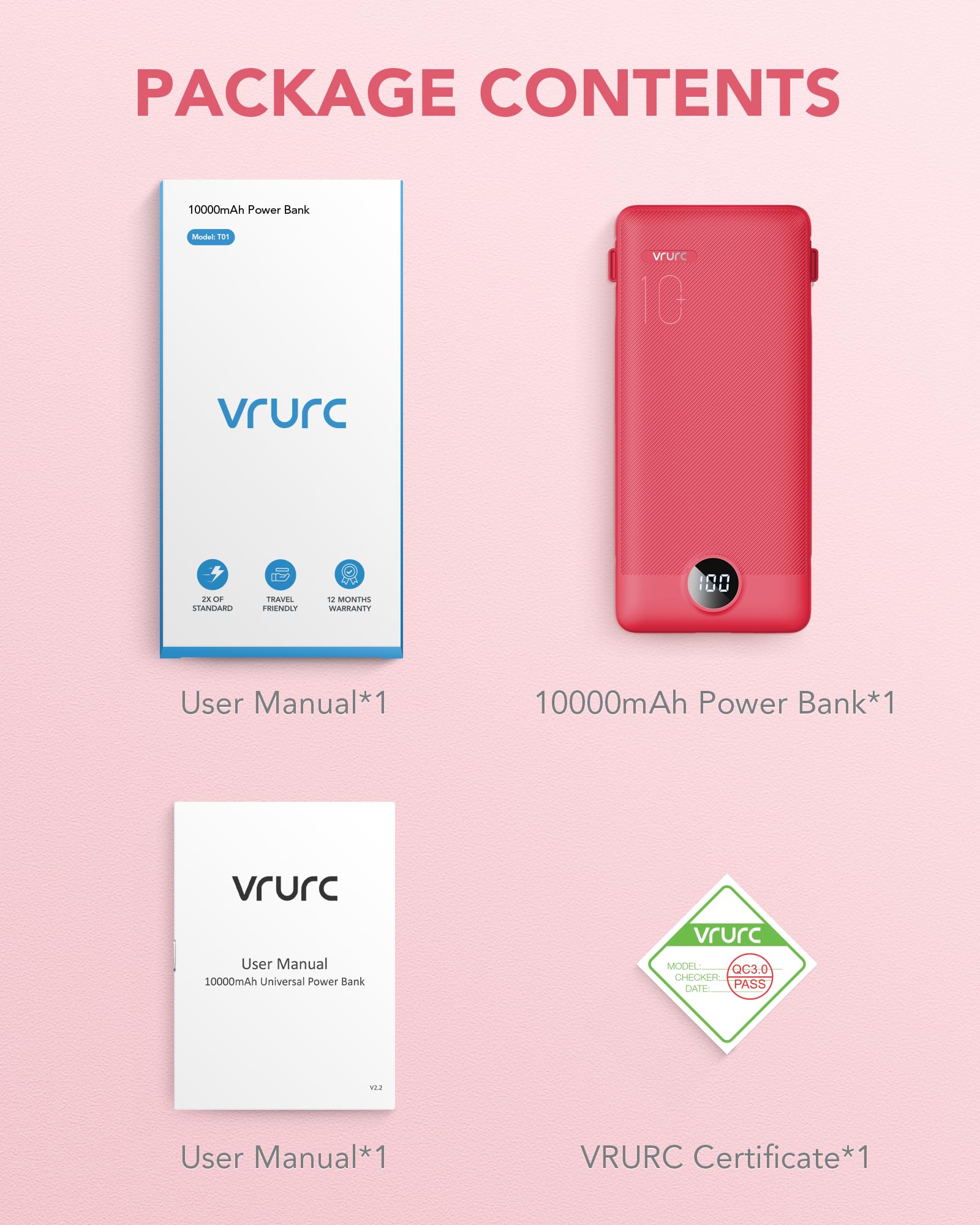 VRURC 10000mAh Portable Charger with Built-in Cables & AC Plug - Ultra Slim Power Bank for iPhone, Samsung, iPad, Tablets - Fast Charging Battery Pack for Travel, Camping, Emergency Power Backup (Viva Magenta)