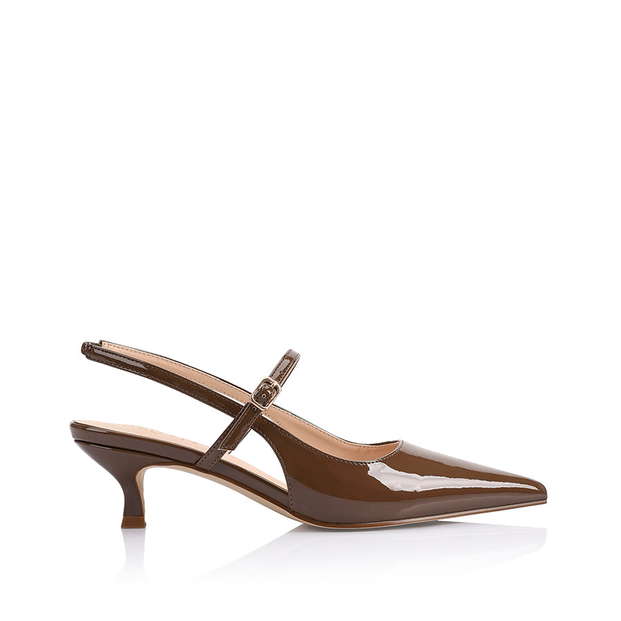 Luce Slingback Kitten Heels Women's Shoes - Cocoa Brown Patent Leather Low Heel Pumps for Work, Office & Special Occasions