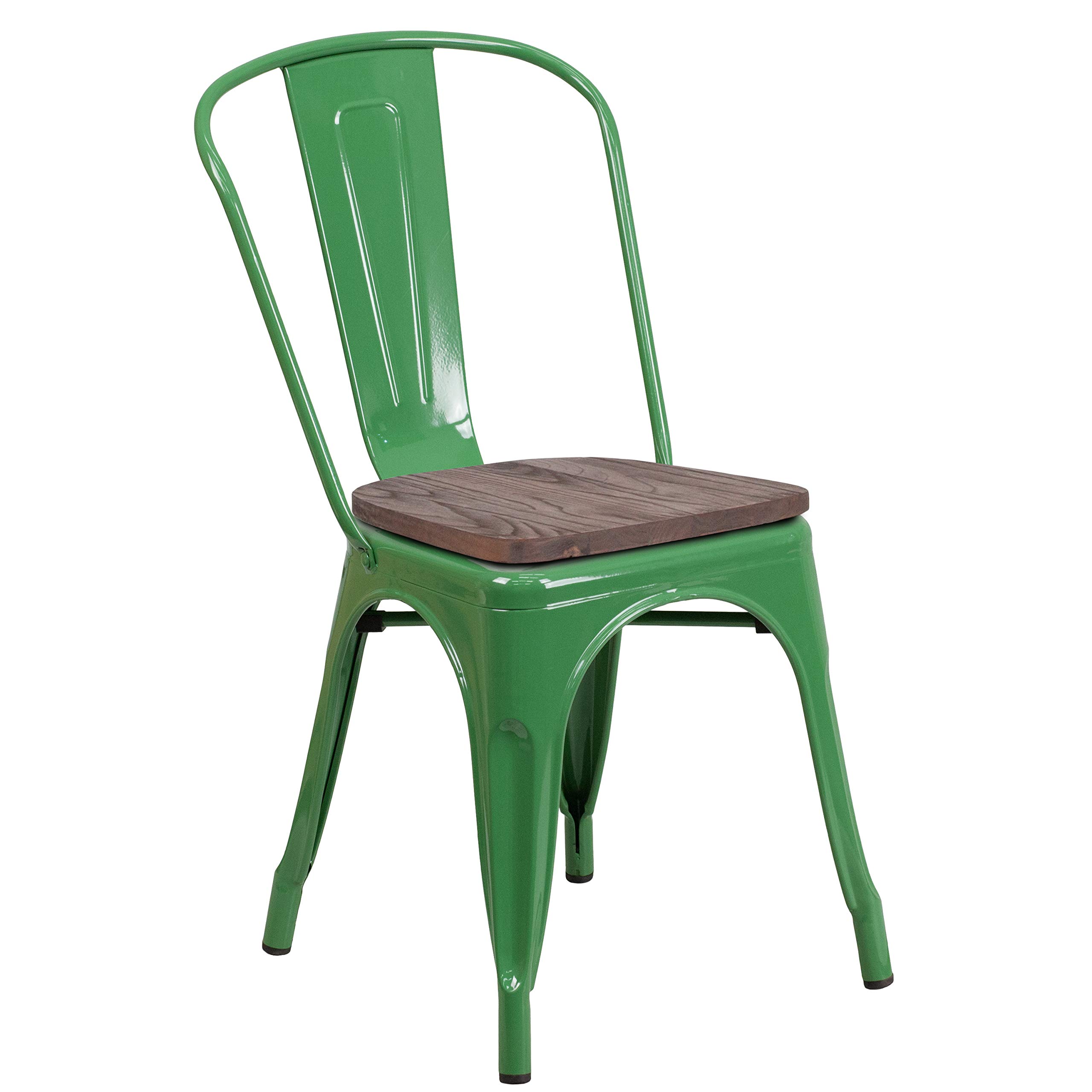 4 Pack Green Metal Stackable Chairs with Wood Seat - Commercial Restaurant & Bistro Chairs - Durable Indoor Outdoor Dining Chairs for Cafe, Patio, Kitchen, and Home Decor