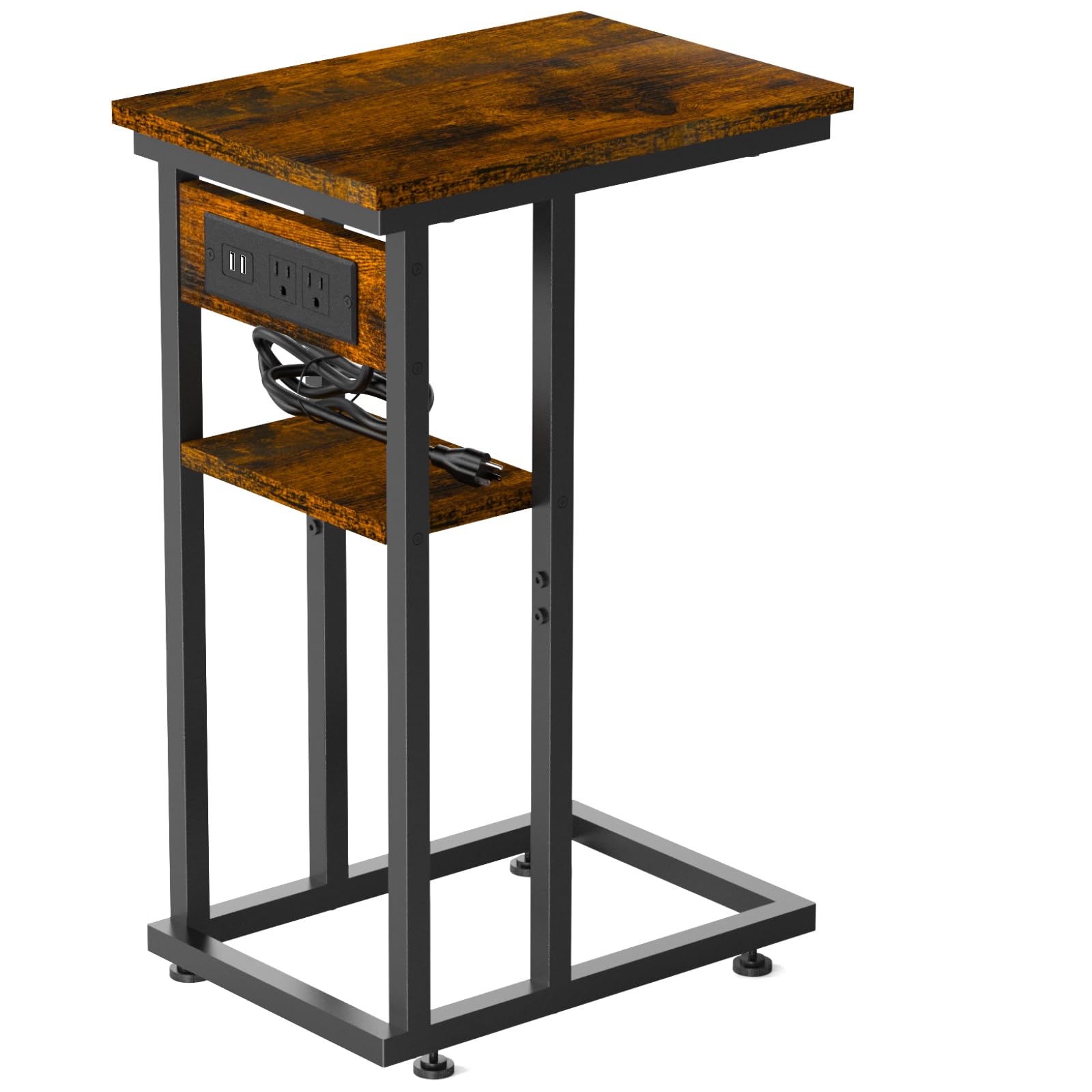 BALEINE Rustic Brown End Table with Charging Station & 2 USB Ports - C-Shaped Side Table with Storage Shelves for Living Room, Bedroom, Office - Perfect for Small Spaces, Sofa Side, Nightstand & Home Decor