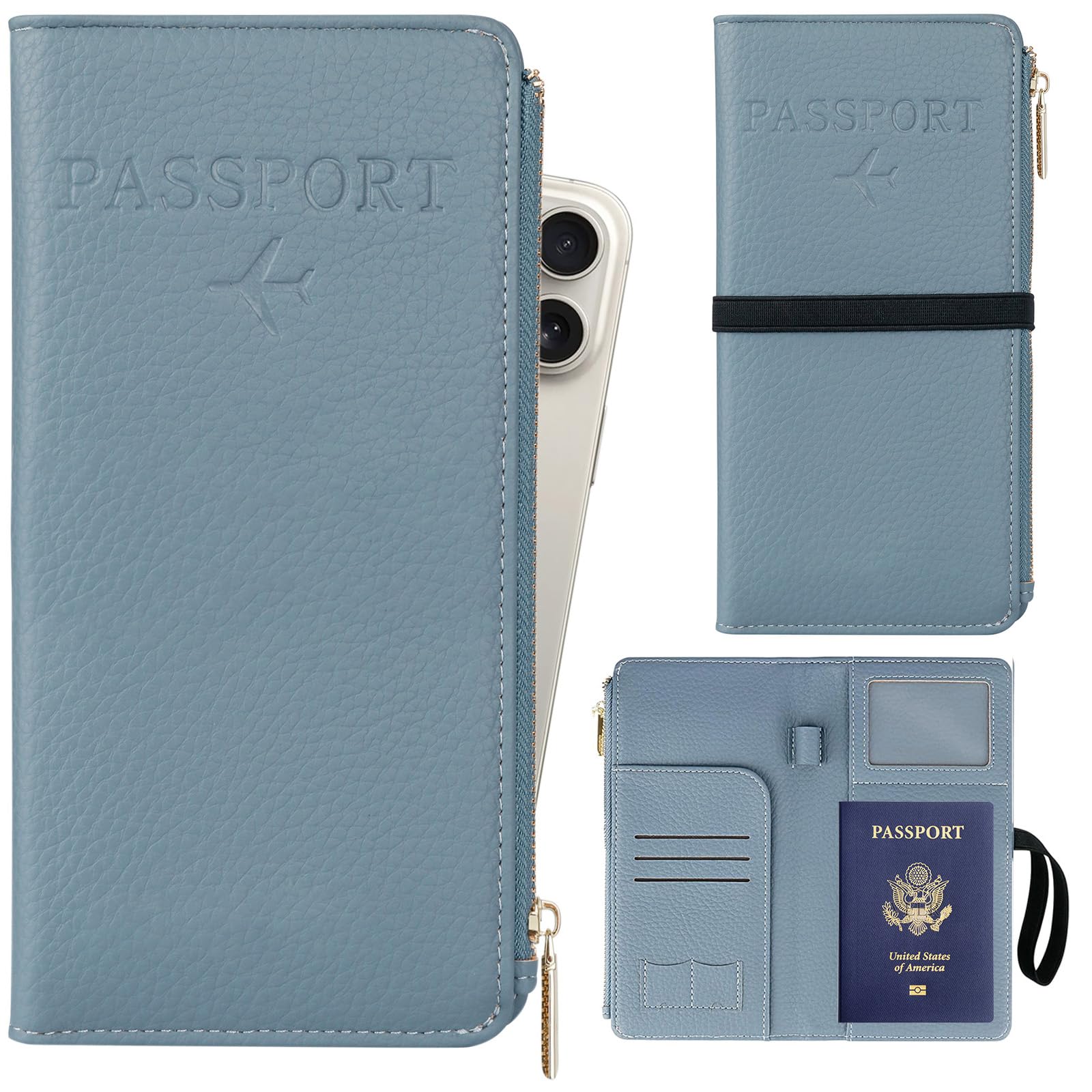 TIGARI RFID Passport Wallet for Women - Leather Travel Wallet with Zipper Pocket & Card Slots - Waterproof Passport Holder & Document Organizer (Blue) - Perfect for Air Travel, Vacation & Business Trips