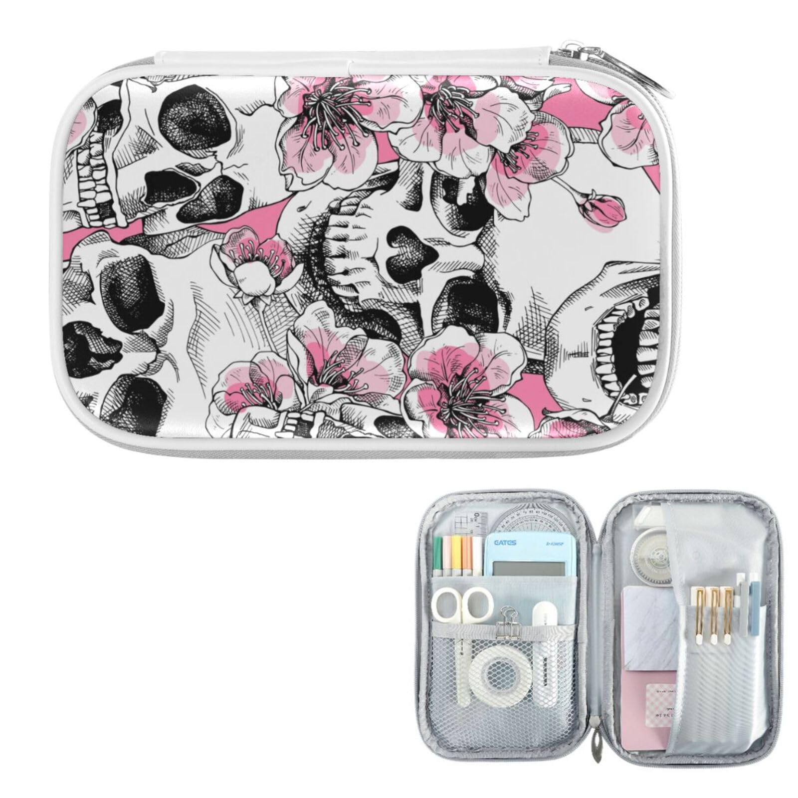 ZZKKO Sugar Skull Cherry Print Zipper Pencil Case - Cute Stationery Organizer for School, Office & Travel - Makeup Bag, Cosmetic Pouch, Pen Holder - Perfect Gift for Students & Professionals