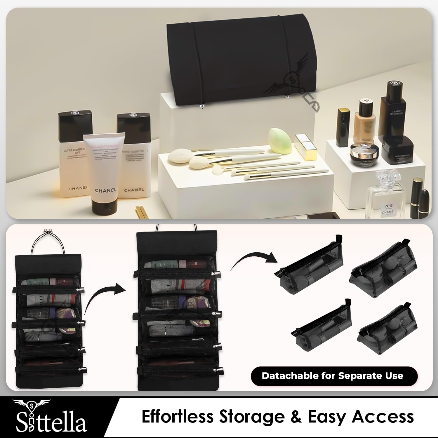 SITTELLA 4-in-1 Foldable Hanging Toiletry Bag for Women - Waterproof Travel Cosmetic Organizer with Multiple Compartments - Perfect for Bathroom, Camping & Airplane Carry On (Black)