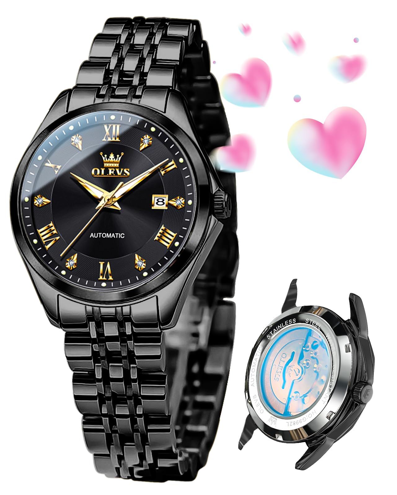OLEVS Women's Automatic Diamond Luxury Dress Watch - Self Winding, Date Display, Luminous Hands, Waterproof - Perfect for Business, Evening Events & Formal Occasions