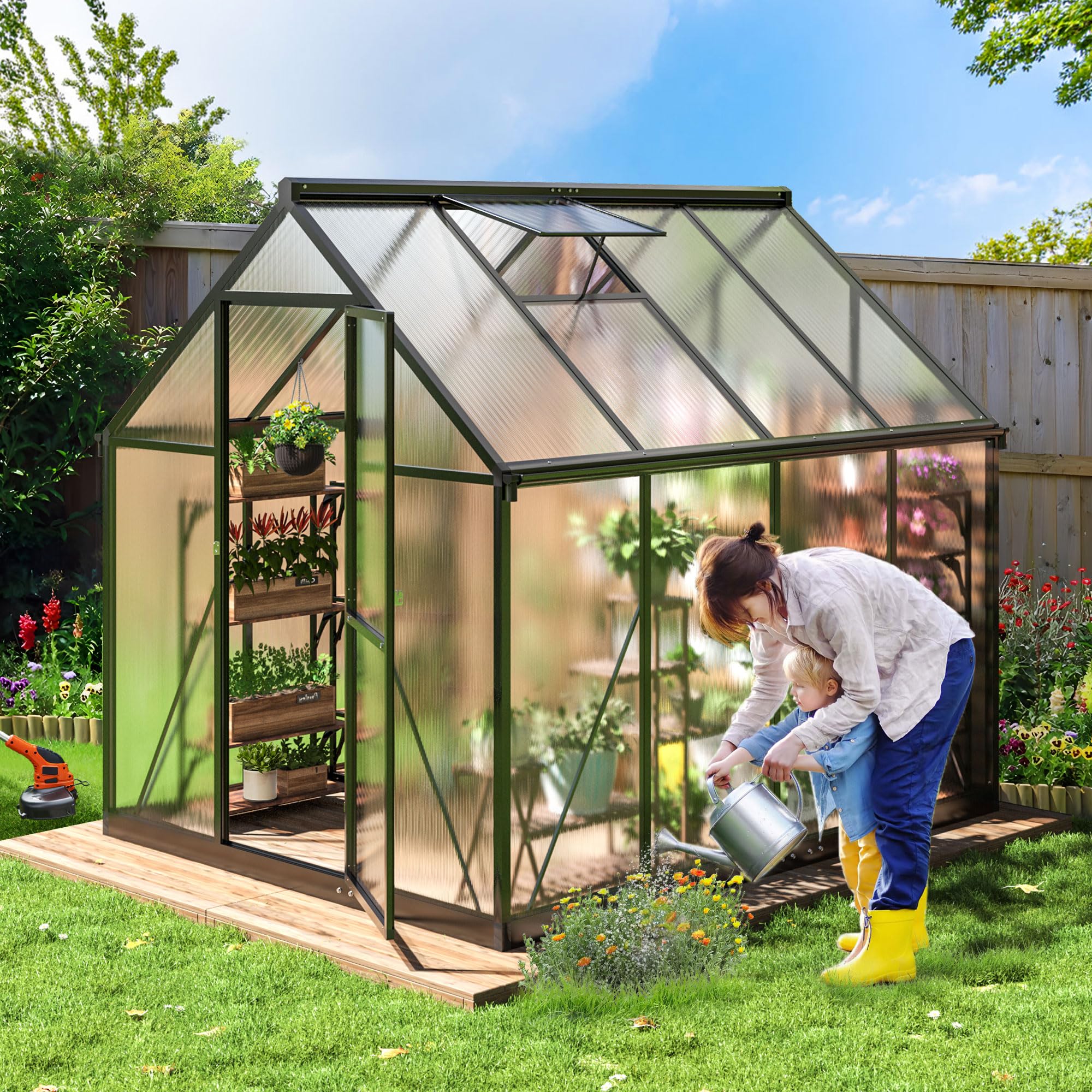 6x8 FT Polar Aurora Greenhouse - Quick Assembly Aluminum Frame with Polycarbonate Panels - Walk-in Outdoor Greenhouse with Ventilated Windows - Perfect for Backyard Gardening, Plant Growing & Home Farming