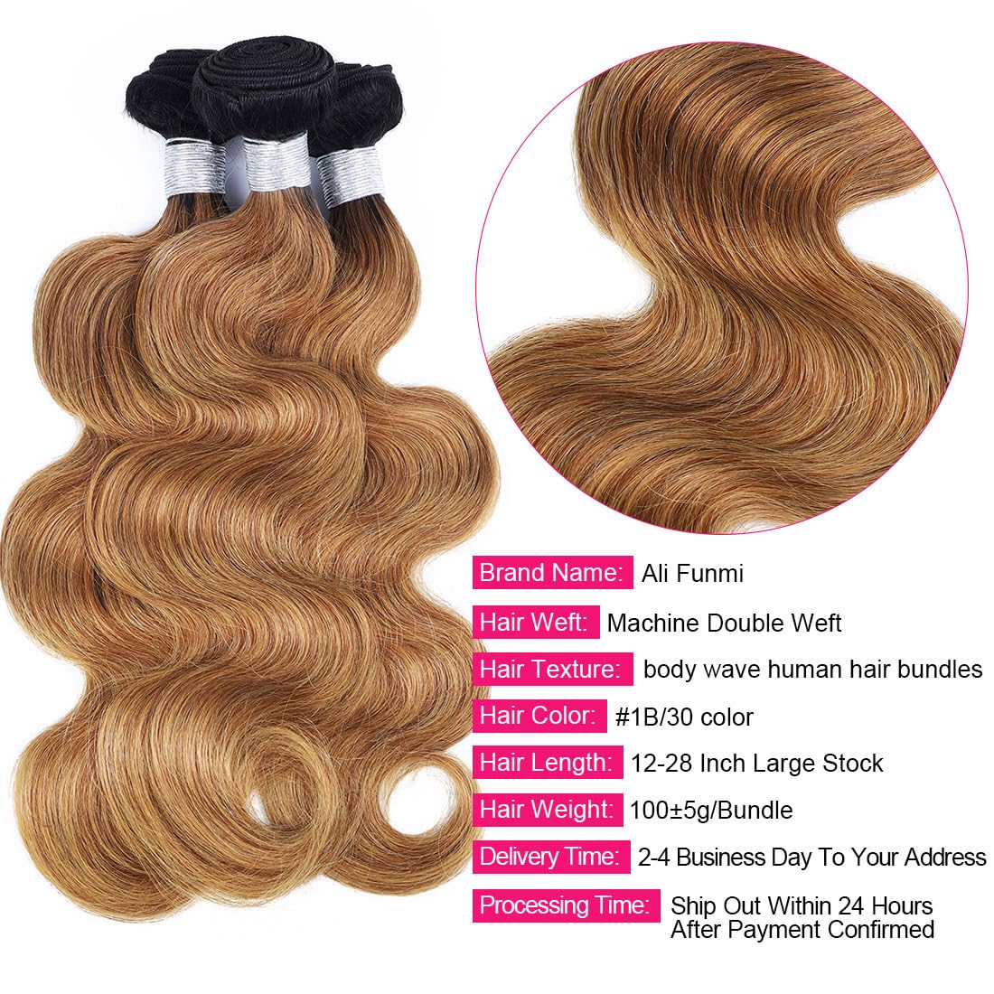 Ombre Brazilian Body Wave Human Hair Bundles 22 24 26 Inch - 100% Unprocessed Virgin Remy Hair Weave (2 Tone 1B/30#) for Natural-Looking Extensions & Styling | Perfect for Daily Wear, Parties & Special Occasions