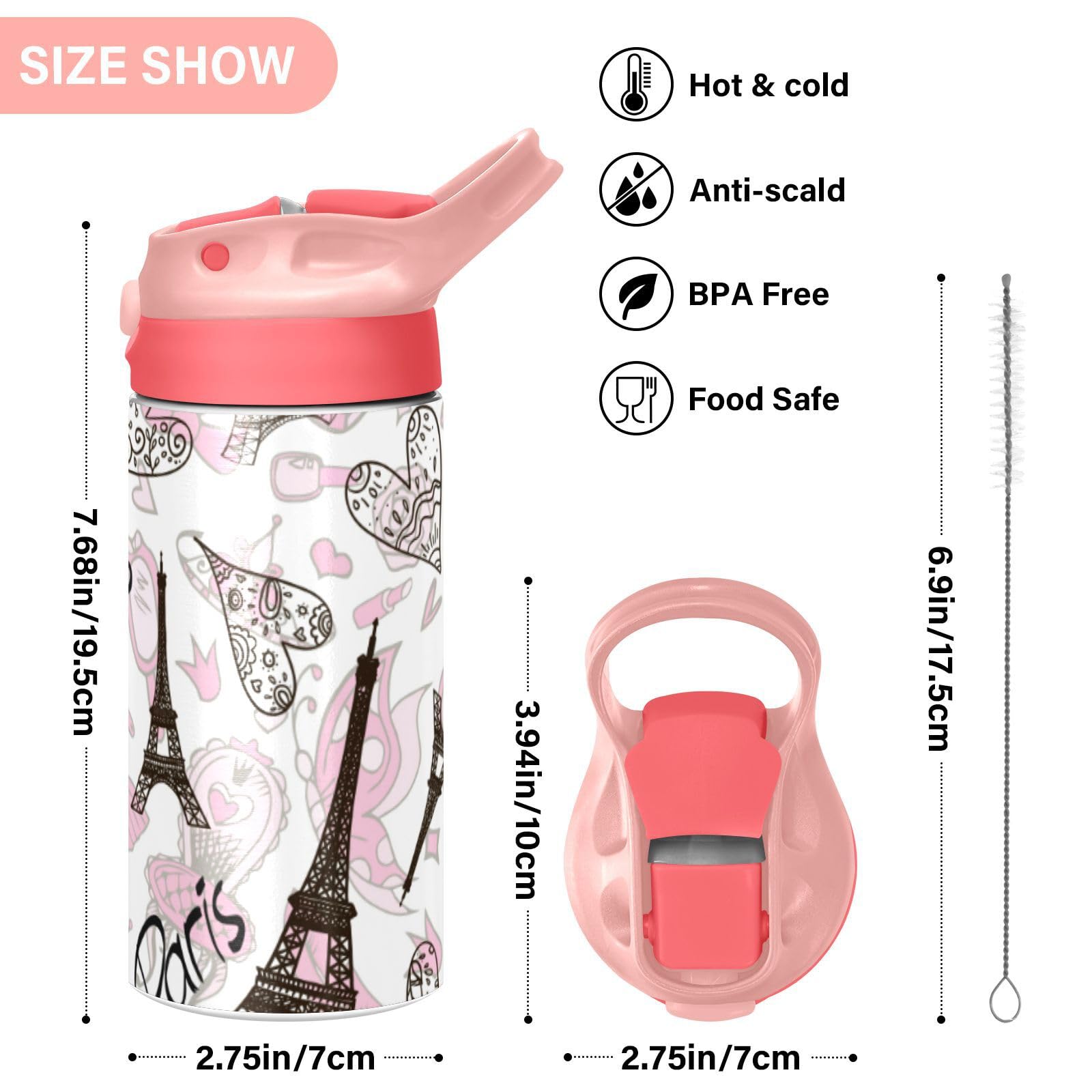 Paris Eiffel Tower Kids Water Bottle - 12oz Insulated Stainless Steel Thermos with Straw Lid, BPA-Free & Leakproof for Boys & Girls - Perfect for School, Travel & Outdoor Activities