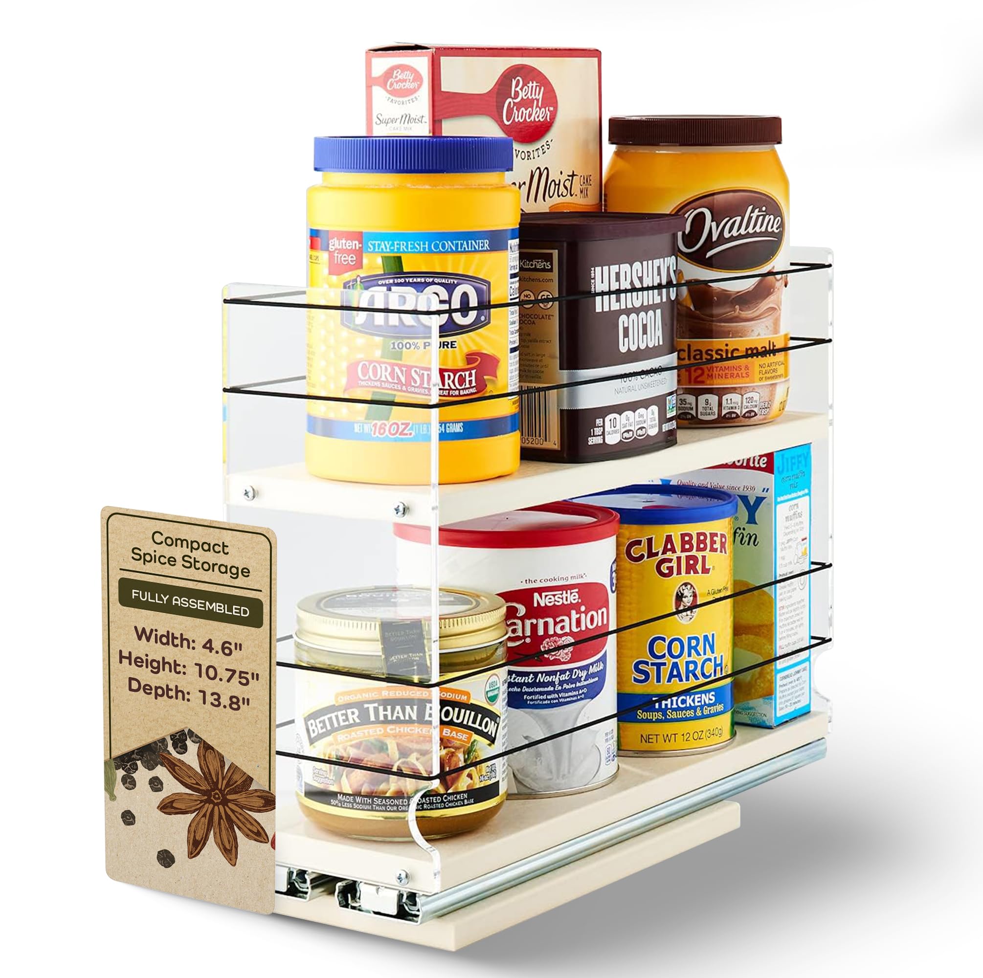 Heavy Duty Pull Out Spice Rack Drawer Organizer - 2 Tier Vertical Spice Storage for Cabinet & Pantry (13.8