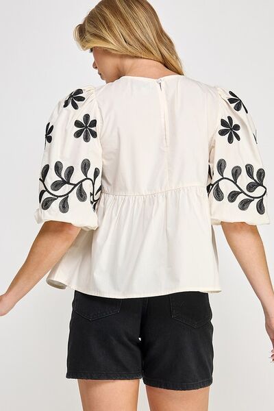 Elegant Puff Sleeve Embroidered Peplum Blouse for Women | Floral Embroidery Top | Perfect for Office, Date Night & Special Occasions