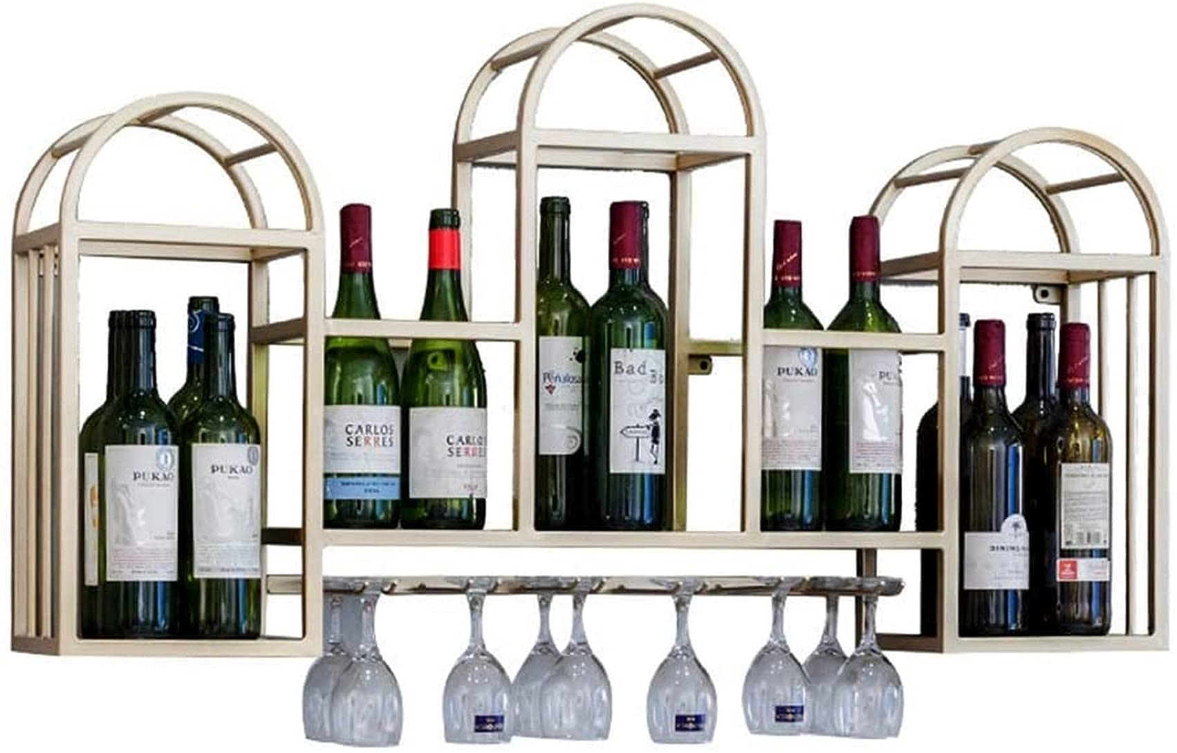 Premium Metal Wall Mounted Wine Rack - Gold Industrial Hanging Stemware Holder for Bar, Restaurant & Home Use - Space-Saving Wine Bottle & Glass Storage Solution (Perfect for Kitchen, Dining Room or Wine Cellar Organization)