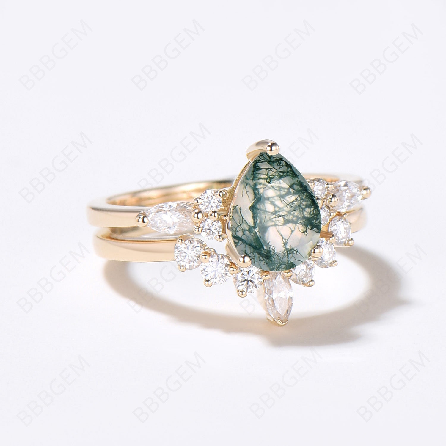 14K Yellow Gold Teardrop Moss Agate Engagement Ring for Women - Vintage Style Wedding Band, Promise Ring, Anniversary Gift - Perfect for Proposals, Bridal Jewelry & Special Occasions