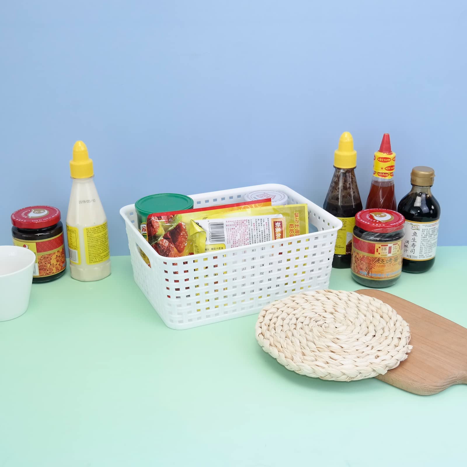 6-Pack White Plastic Storage Baskets - Pantry Organizer for Home & Office