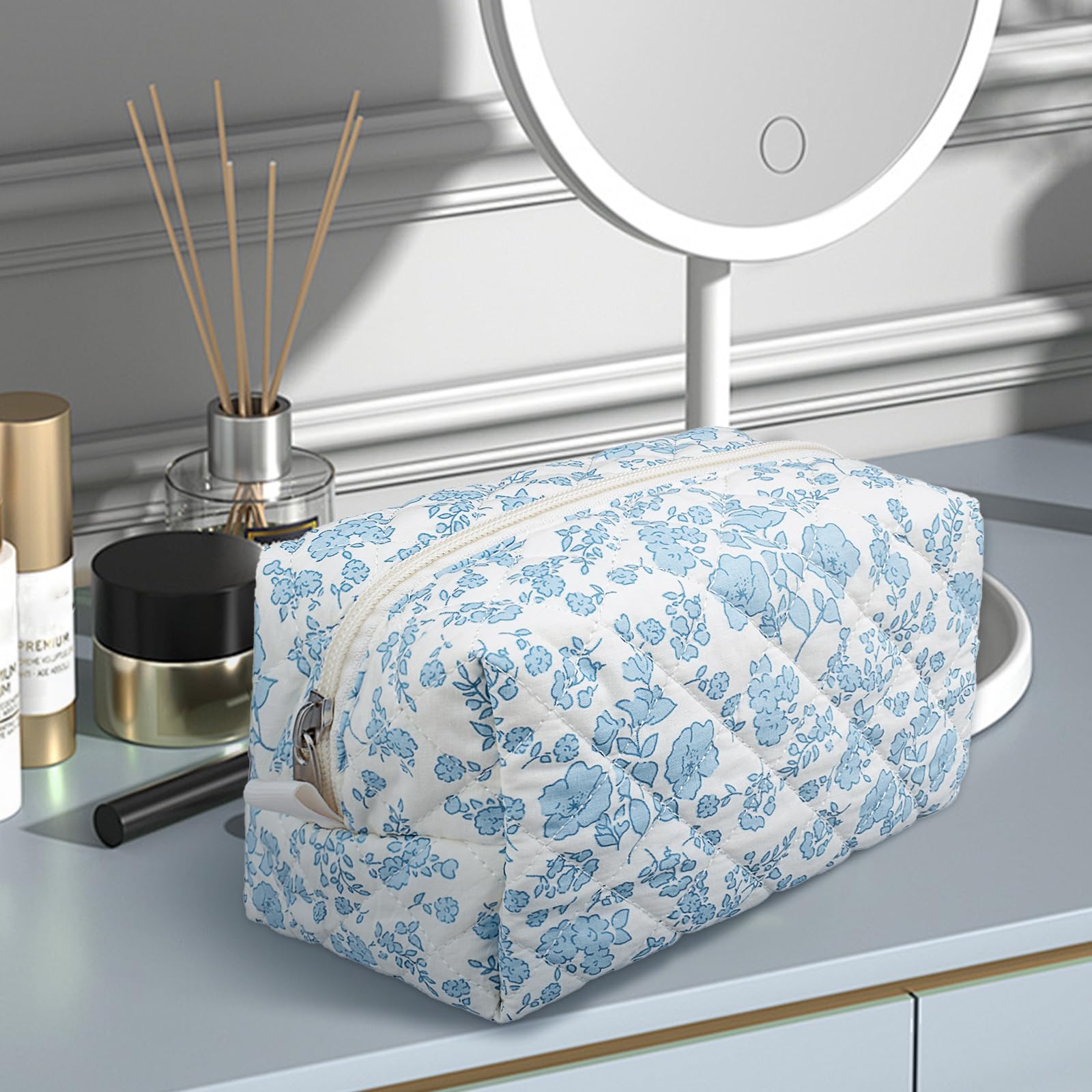 Quilted Floral Makeup Bag for Women - Medium Travel Cosmetic Pouch with Cotton Lining, Cute Storage Organizer for Brushes & Toiletries | Perfect for Travel, Gym & Daily Essentials