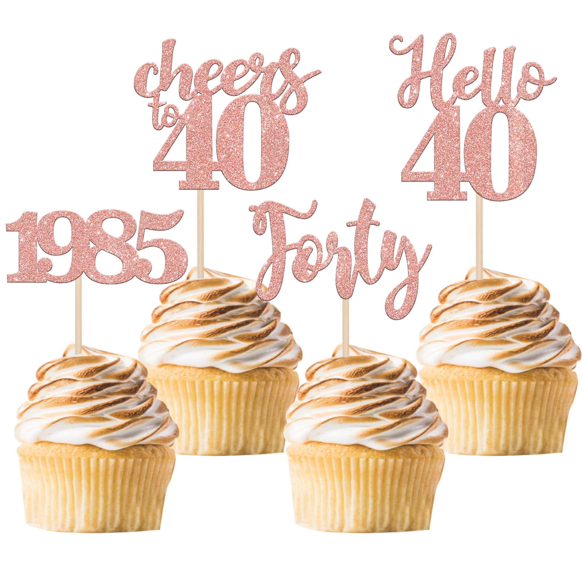 24 PCS Glitter 40th Birthday Cupcake Toppers - Rose Gold 