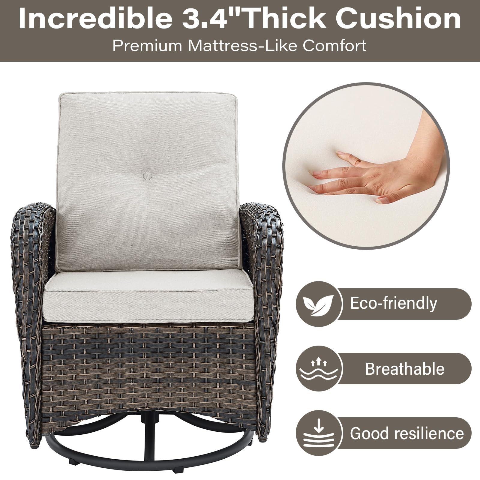 Outdoor Wicker Swivel Rocking Chairs Set of 2 with Rattan Side Table - 3-Piece Patio Furniture Set for Deck, Porch, Poolside - Brown/Beige - Perfect for Relaxing, Entertaining & Outdoor Lounging