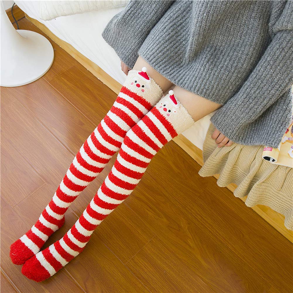 Wander G Women's Over Knee High Fuzzy Socks - Cute Cartoon Thigh High Stockings, Warm Striped Leg Warmers for Winter, Christmas Gifts, Lounge & Home Comfort