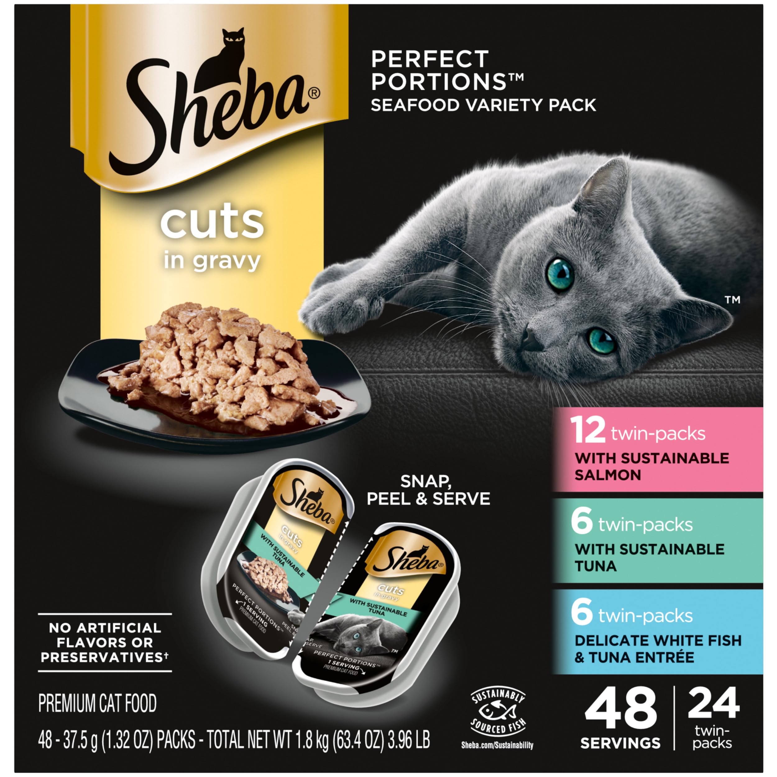 Sheba Perfect Portions Wet Cat Food Variety Pack - Sustainable Salmon, Tuna & White Fish in Gravy - 24 Twin-Pack Trays (48 Servings, 2.6 oz Each) - Grain-Free Gourmet Cat Food for Indoor & Outdoor Cats - Perfect for Daily Meals, Travel & Special Treats
