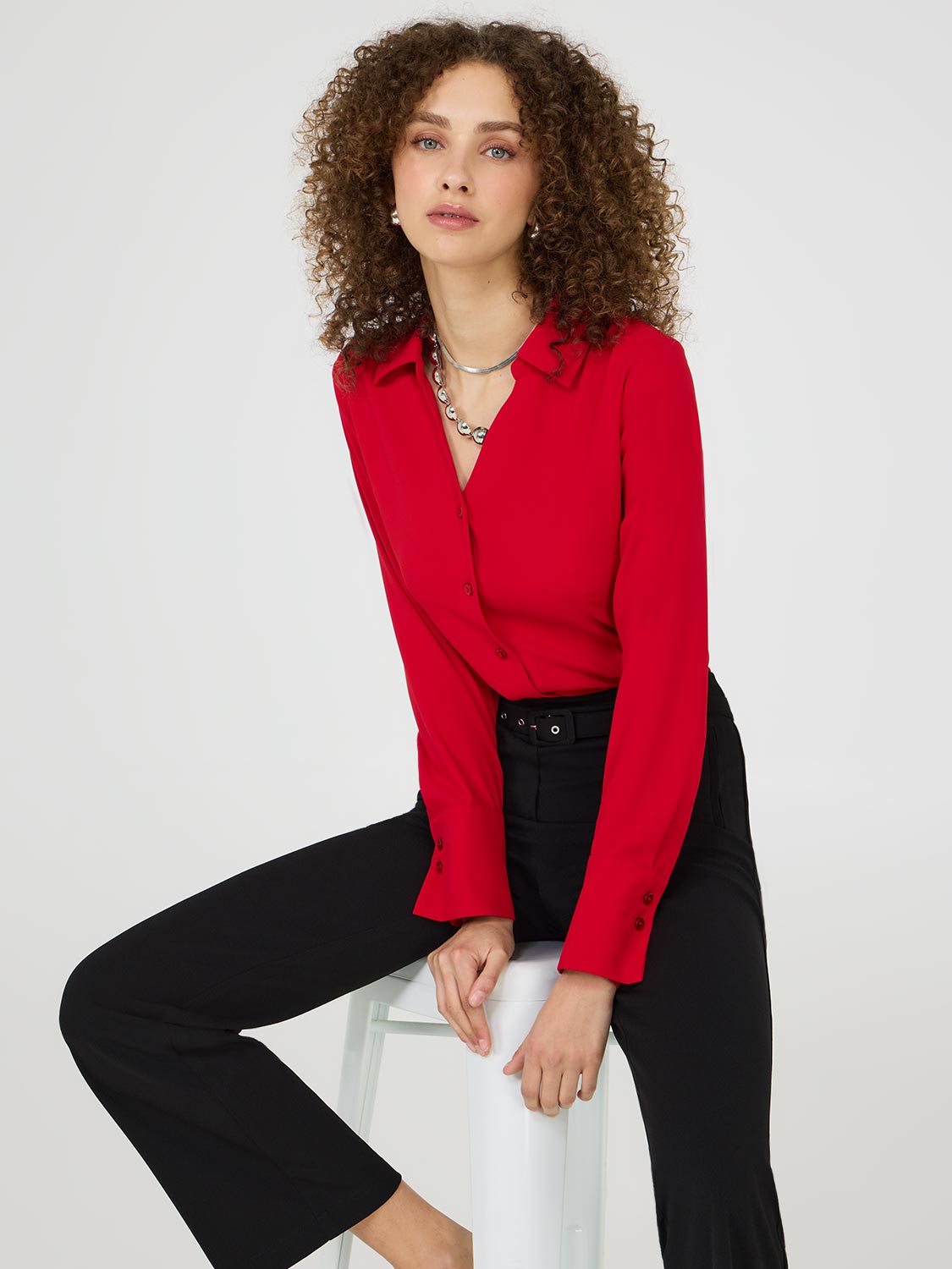 Elegant V-Neck Button Front Blouse for Women - Stylish Casual & Office Wear - Perfect for Work, Dating & Special Occasions