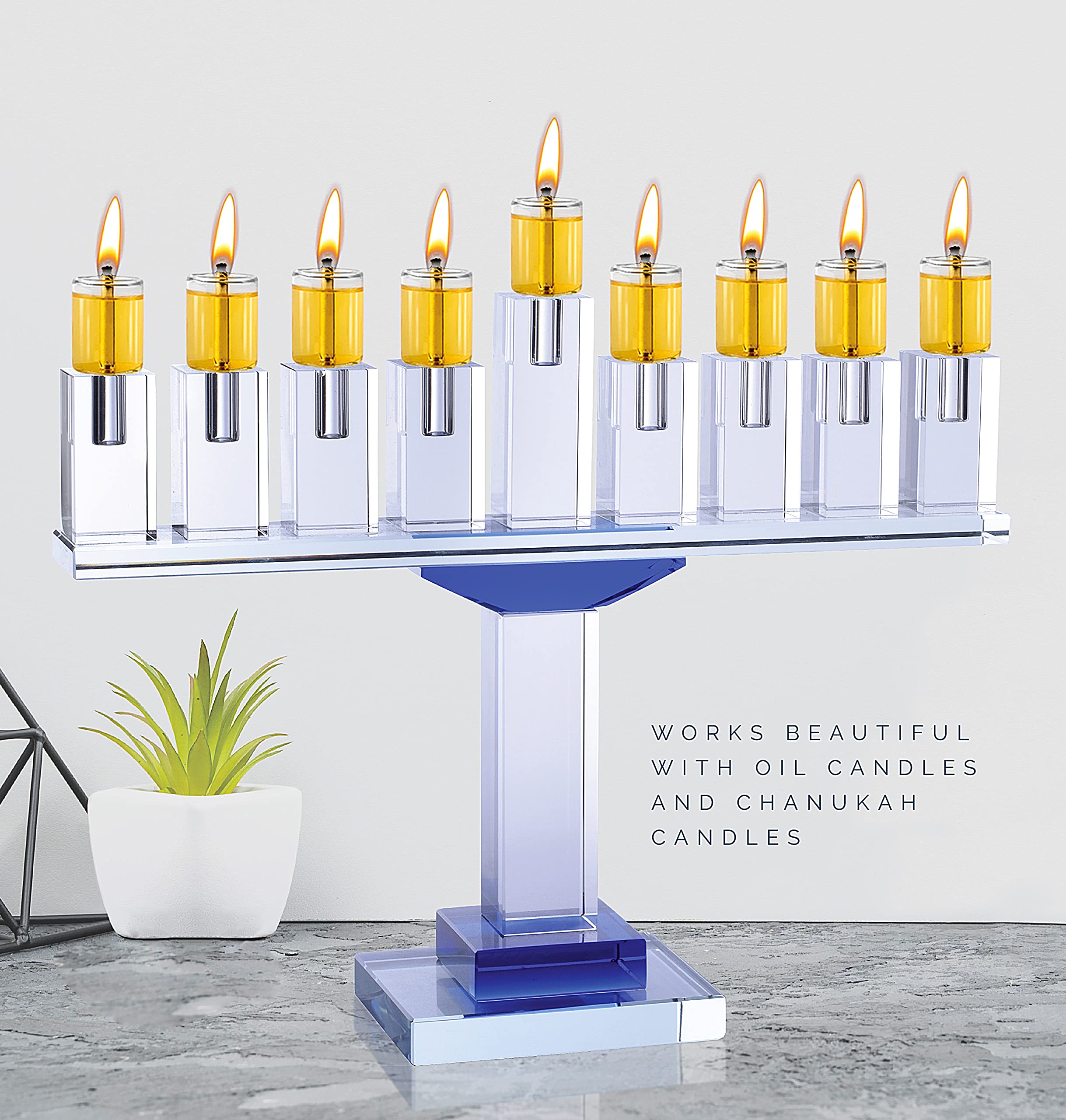 Blue Crystal Hanukkah Menorah - 9 Inch Modern Glass Candle Holder for Chanukah, Fits All Standard Hanukkah Candles | Perfect for Jewish Holiday Decor, Home Celebration & Gift Giving