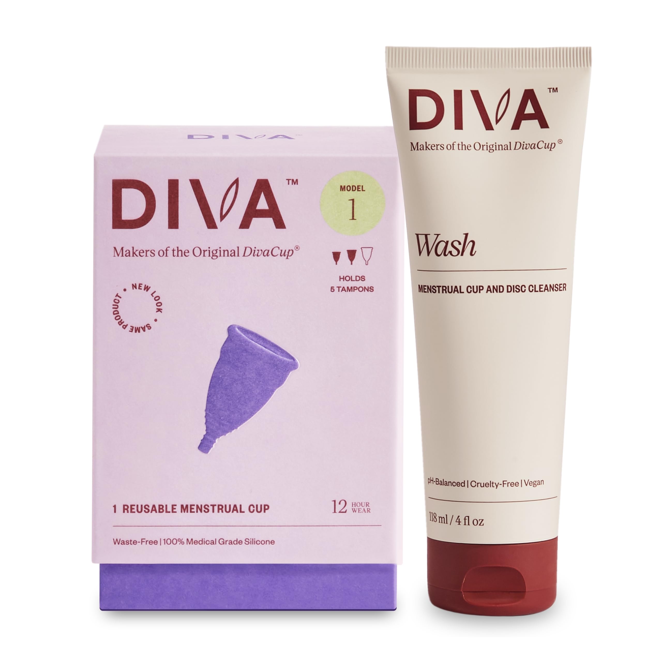 DivaCup Menstrual Cup for Women - Reusable & Leak-Free Period Cup - BPA Free Feminine Hygiene Product with DivaWash Cleanser - Ideal for Active Lifestyles, Travel & Eco-Friendly Period Care