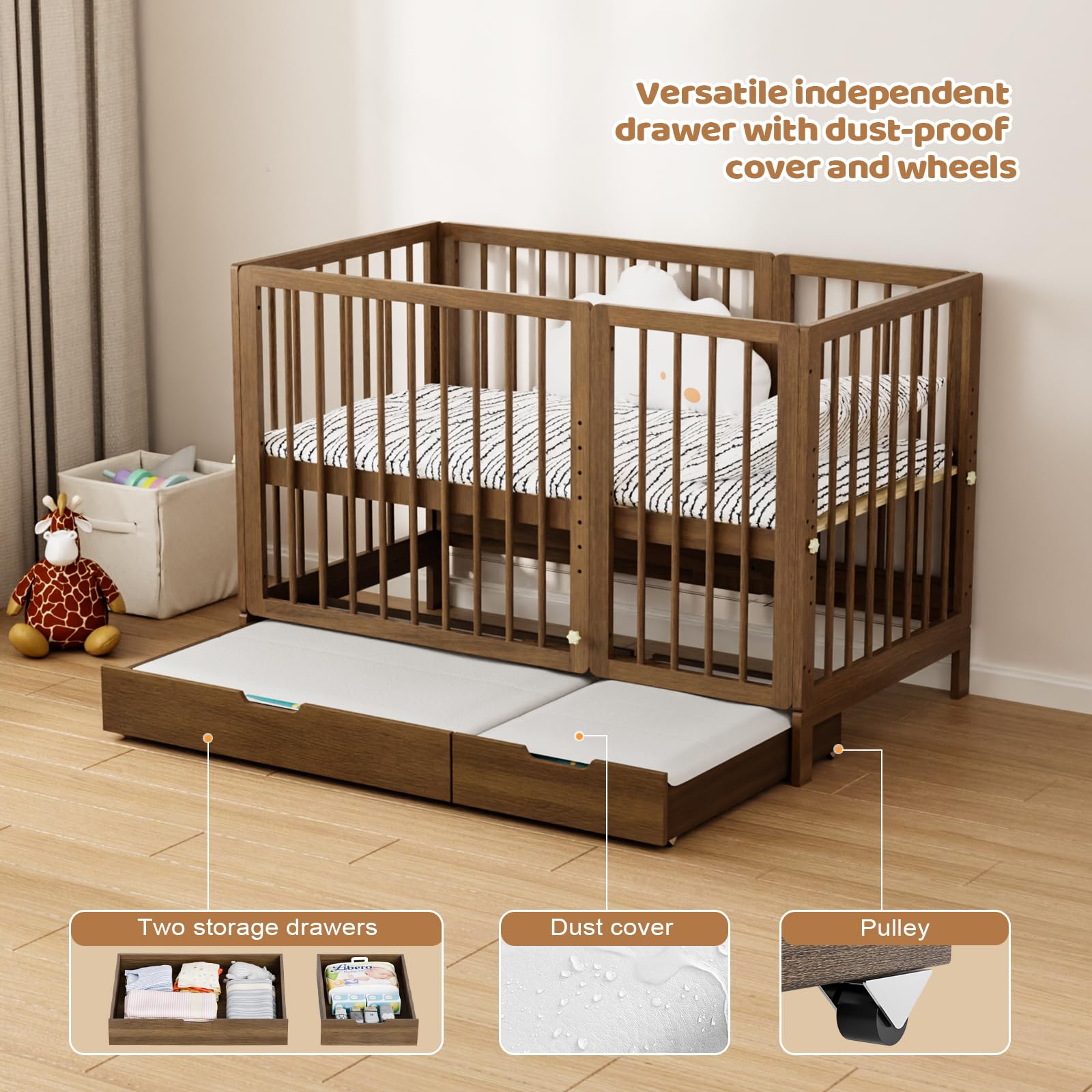JOYMOR 8-in-1 Convertible Baby Crib with Storage Drawer - Includes 2