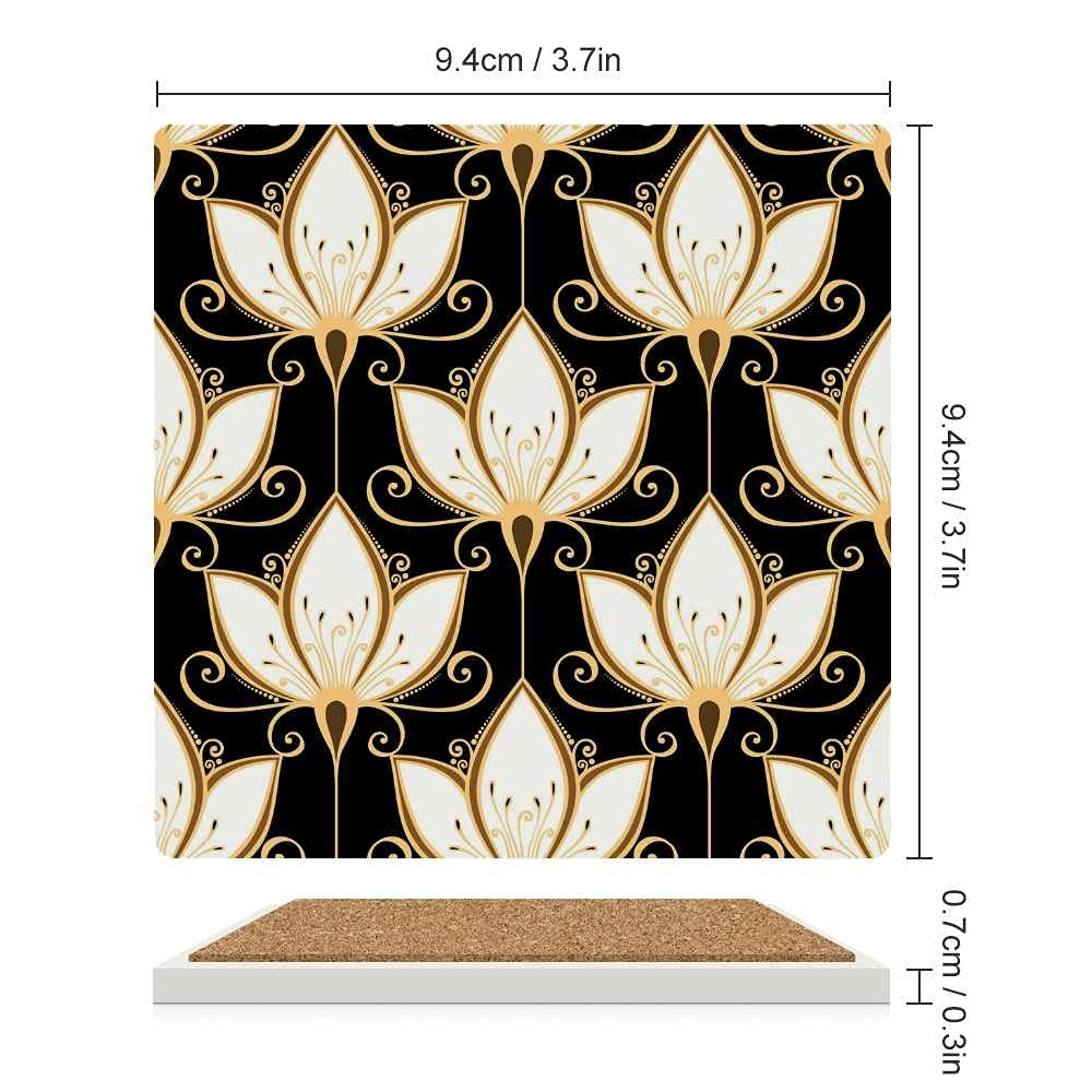 Square Ceramic Coasters Set of 4 - Non-Slip Cork Backing, Scratch-Resistant Drink Coasters for Coffee, Wine & Beverages - Elegant Floral Design Home Decor for Coffee Tables, Office Desk & Housewarming Gifts