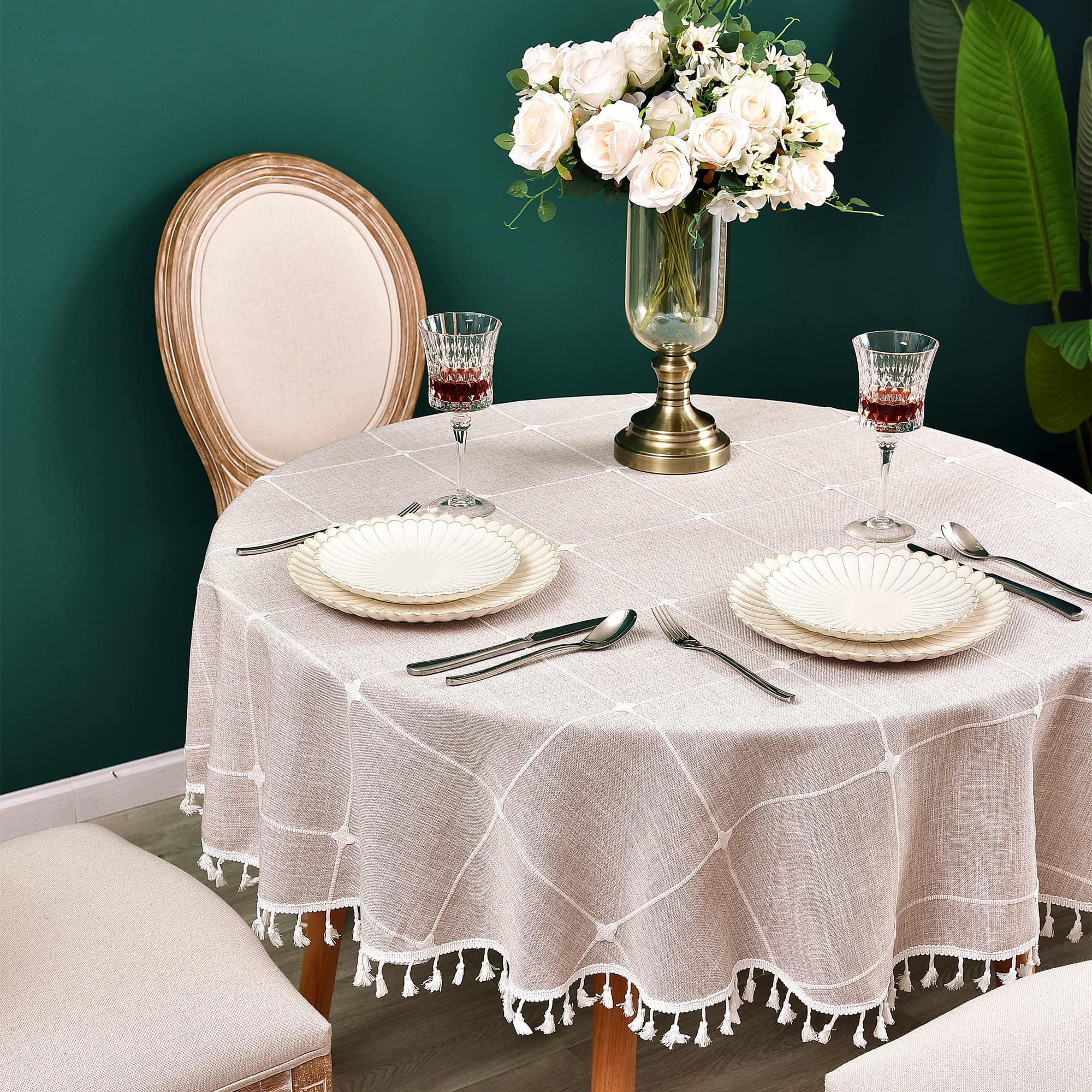 60 Inch Heavyweight Cotton Linen Round Tablecloth - Plaid Farmhouse Table Cover for Kitchen, Dining, Restaurant & Home Decor | Perfect for Coffee Tables, Picnics & Holiday Gatherings