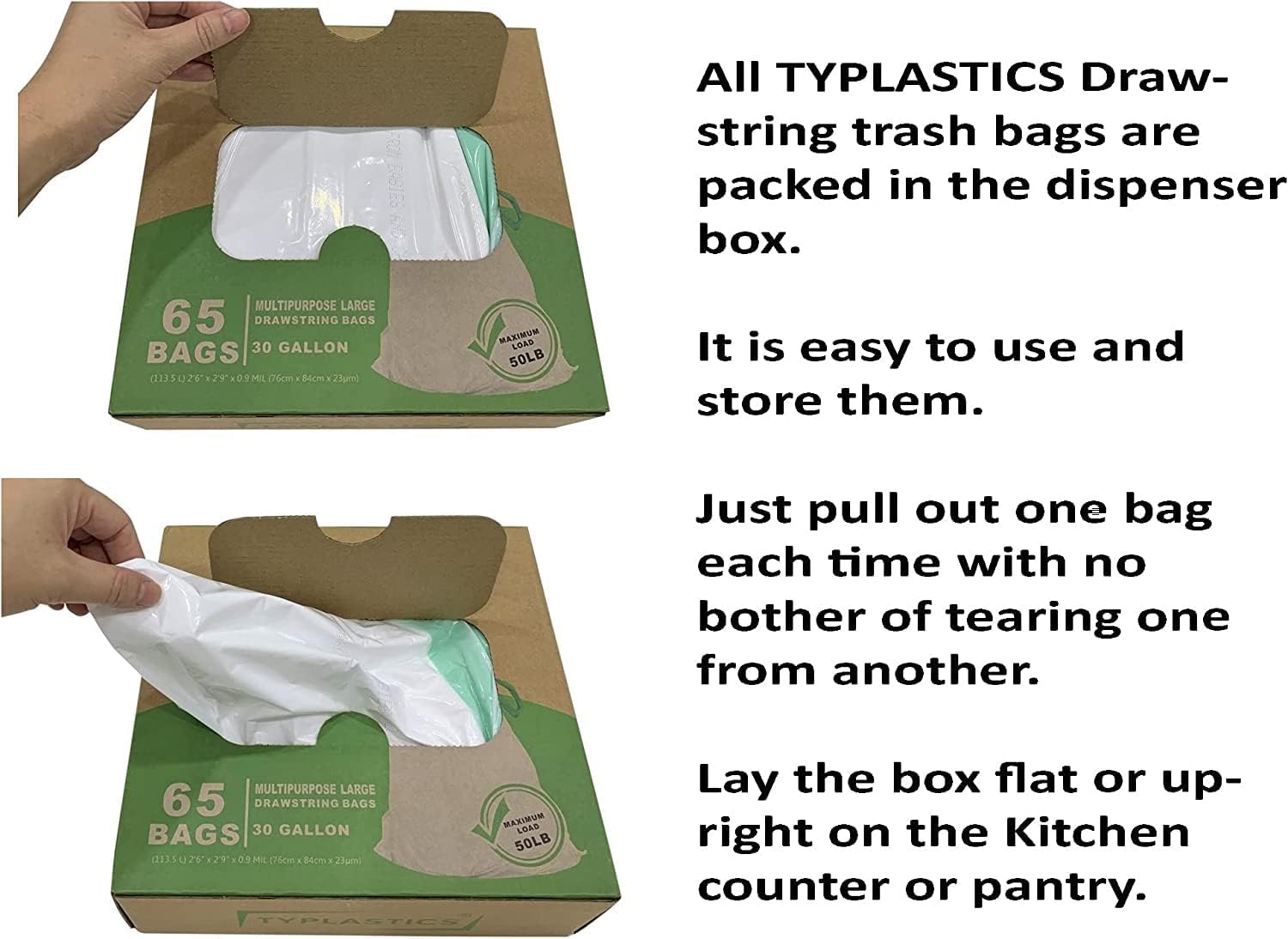 TYPLASTICS 30 Gallon Heavy Duty Drawstring Trash Bags - 65 Count, Extra Thick & Leak Proof for Kitchen, Office, Yard Waste - Multipurpose Garbage Bags for Home & Commercial Use
