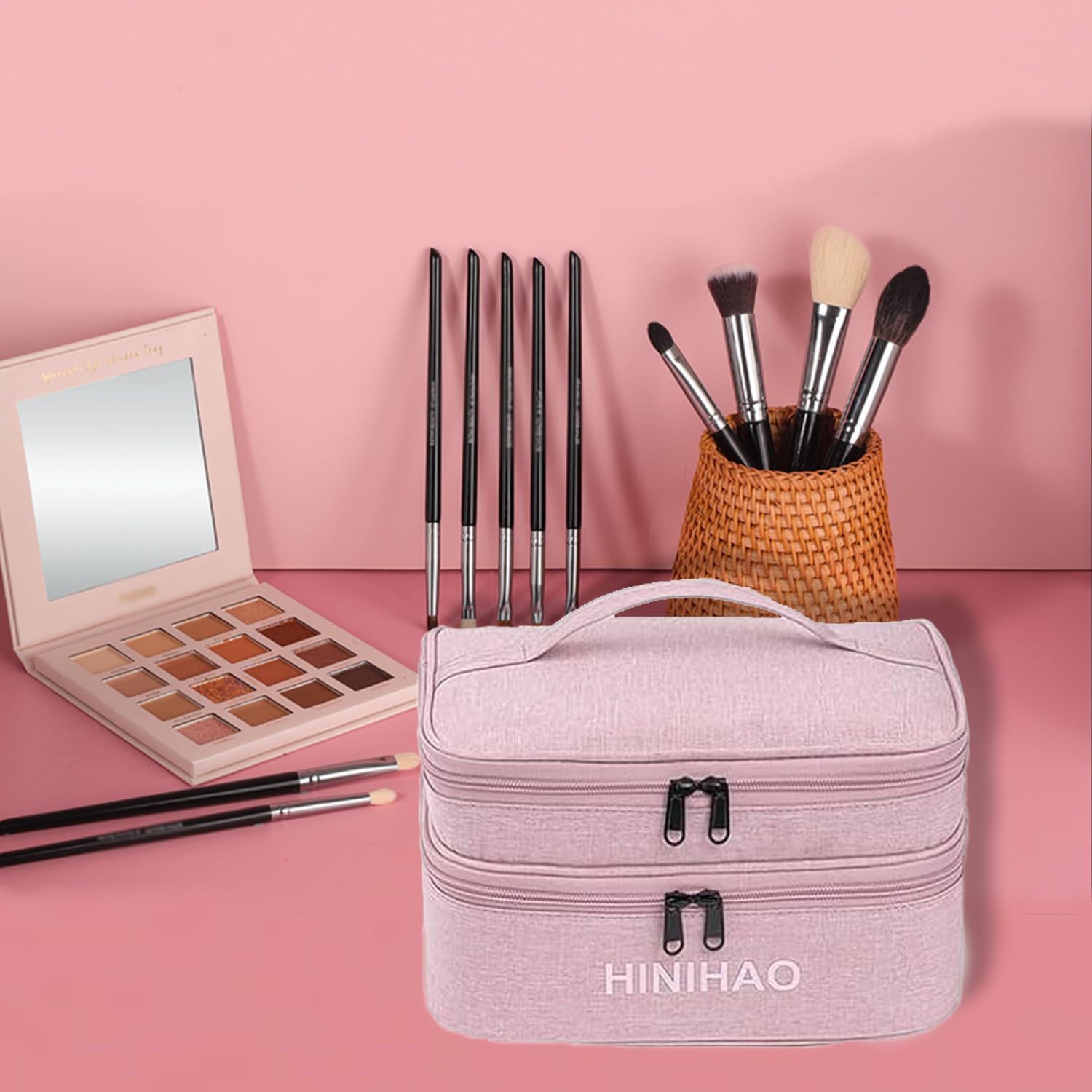 Portable Travel Makeup Bag with Handle & Adjustable Dividers - Double Layer Cosmetic Organizer with Brush Storage - Pink Small Makeup Pouch for Women | Perfect for Travel, Gym & Daily Beauty Essentials