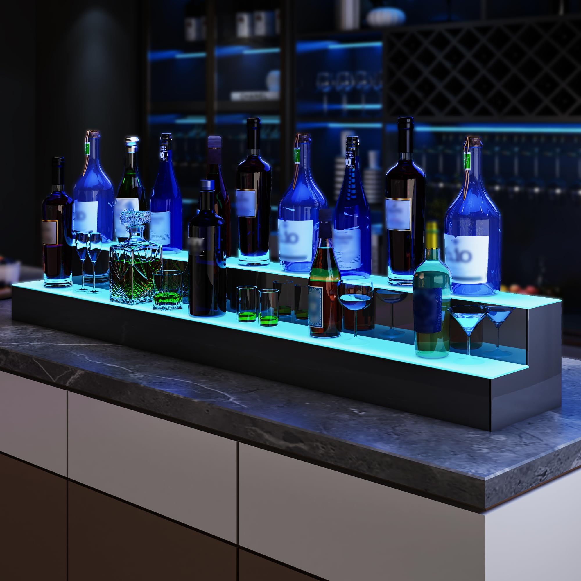 YITAHOME 60-inch 2-Step LED Lighted Liquor Bottle Display Shelf - Acrylic Mounted Whiskey Rack Stand with Remote & App Control - Perfect for Home Bar, Counter Party, and Restaurant Display