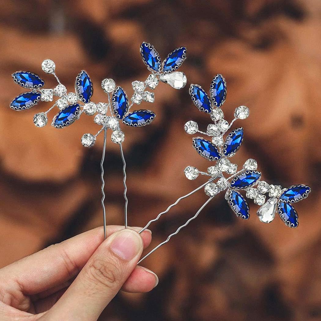 Casdre Crystal Bridal Hair Pins - Rhinestone Wedding Hair Accessories for Women & Girls (Pack of 2, Blue) | Perfect for Bridal Parties, Prom, and Formal Events