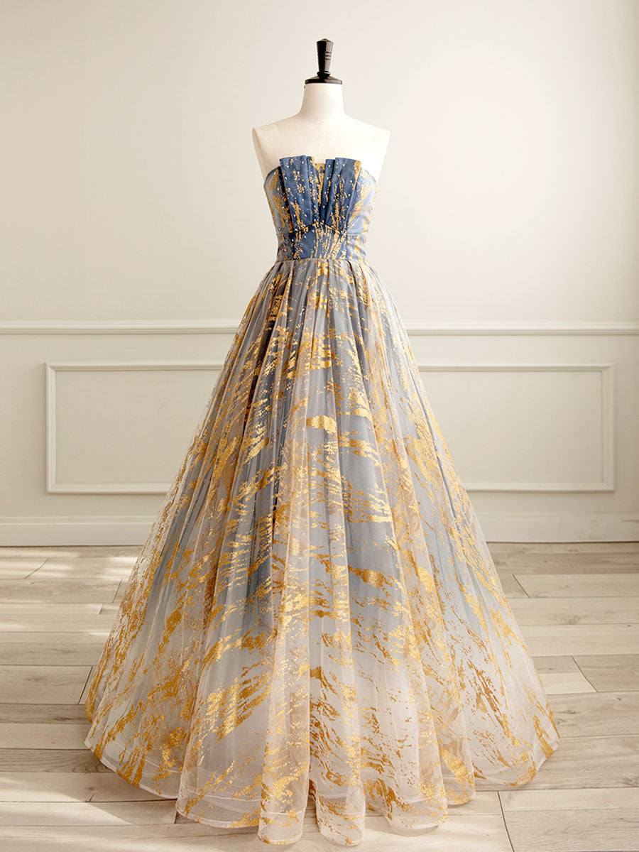 Elegant A-Line Tulle Gold and Blue Long Prom Dress | Formal Evening Gown for Women | Perfect for Homecoming, Ball, and Special Occasions