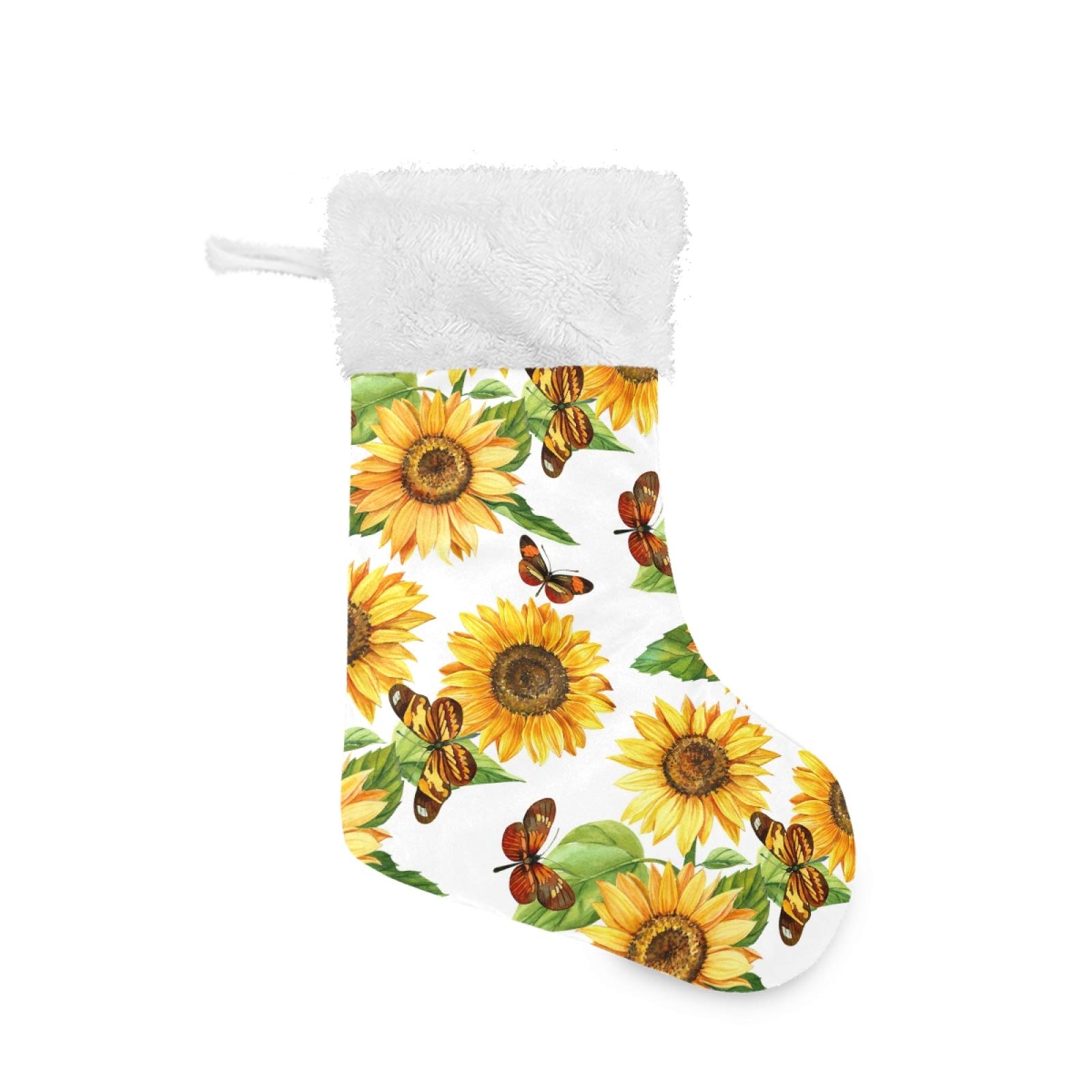 Qilmy 18 Inch Personalized Christmas Stockings - Watercolor Sunflowers & Butterflies Design, Large Cute Snowflake Xmas Stockings for Holiday Decorations, Family Party, Fireplace Mantel & Gift Exchange