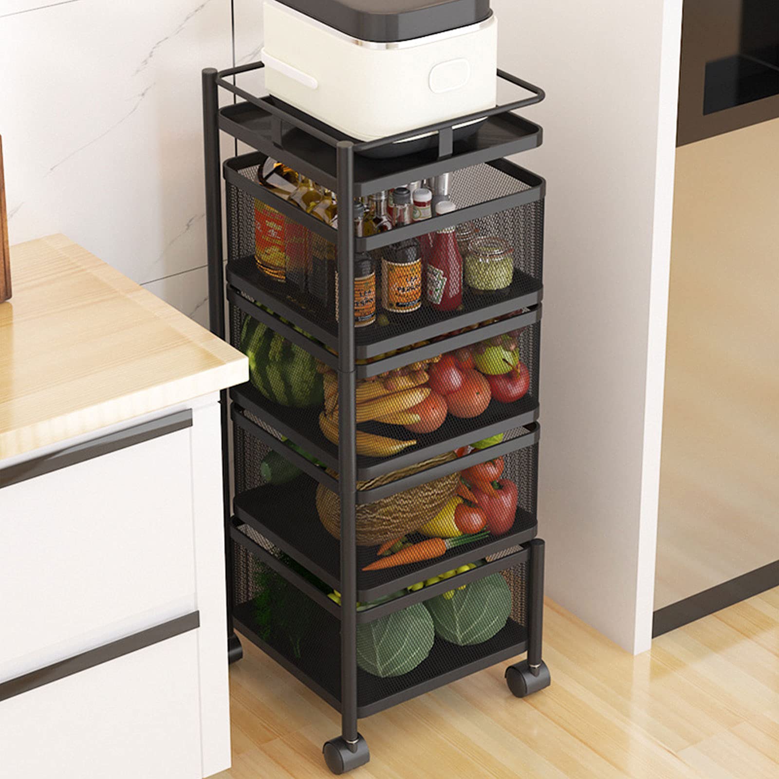 4 Tier Rotating Kitchen Storage Basket - 270° Swivel Organizer with Lockable Wheels for Fruits, Vegetables & Pantry Items | Space-Saving Utility Cart for Kitchen, Bathroom, Living Room & Office Organization