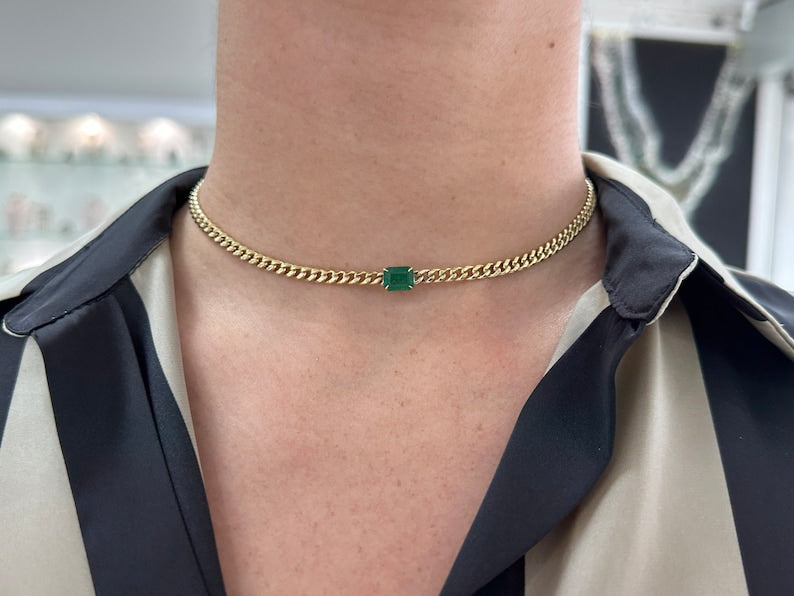 1.90ct 14K Gold Genuine Dark Green Emerald Cuban Link Chain Necklace for Men & Women - Perfect for Gifts, Weddings & Special Occasions