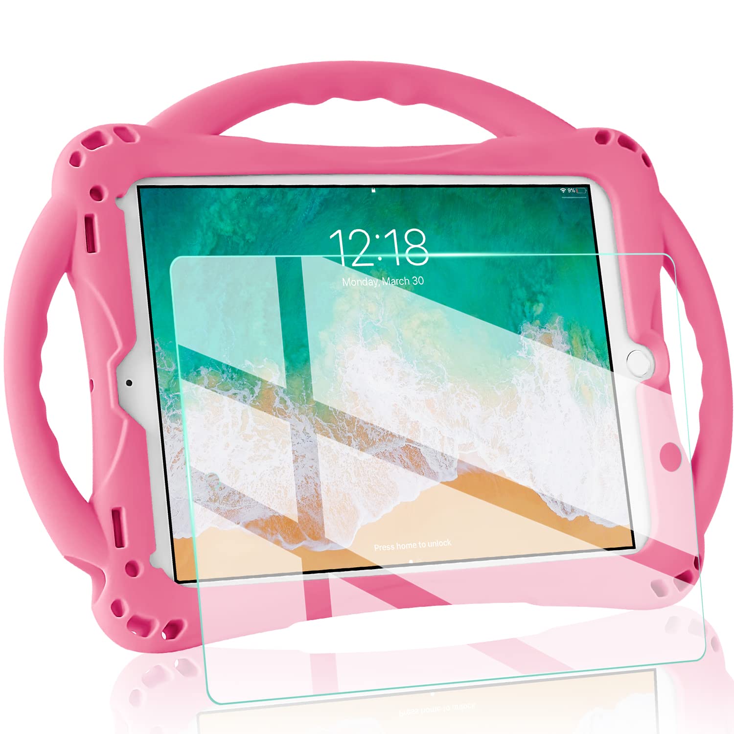 TopEsct Shockproof Kids Case for iPad 2017/2018 9.7 inch & iPad Air/Air 2 - Pink Silicone Protective Cover with Tempered Glass Screen Protector & Strap - Perfect for School, Travel & Home Use