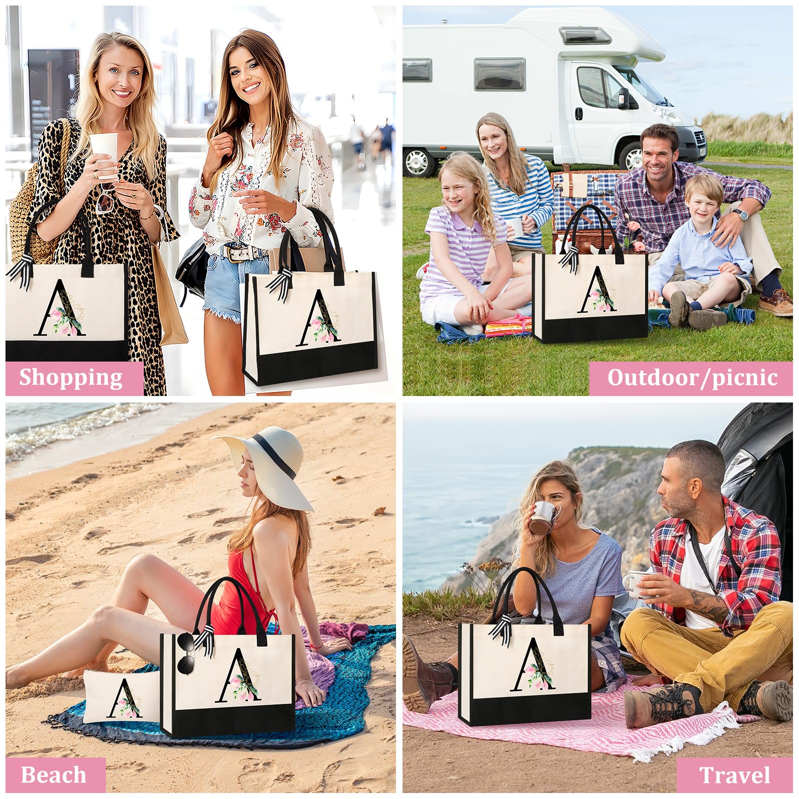 AYGE Personalized Initial Canvas Beach Tote Bag - Custom Monogrammed Gifts for Women, Makeup Bag, Birthday Present for Sister, Mom, Teacher & Bridesmaid - Perfect for Beach Trips, Shopping & Everyday Use