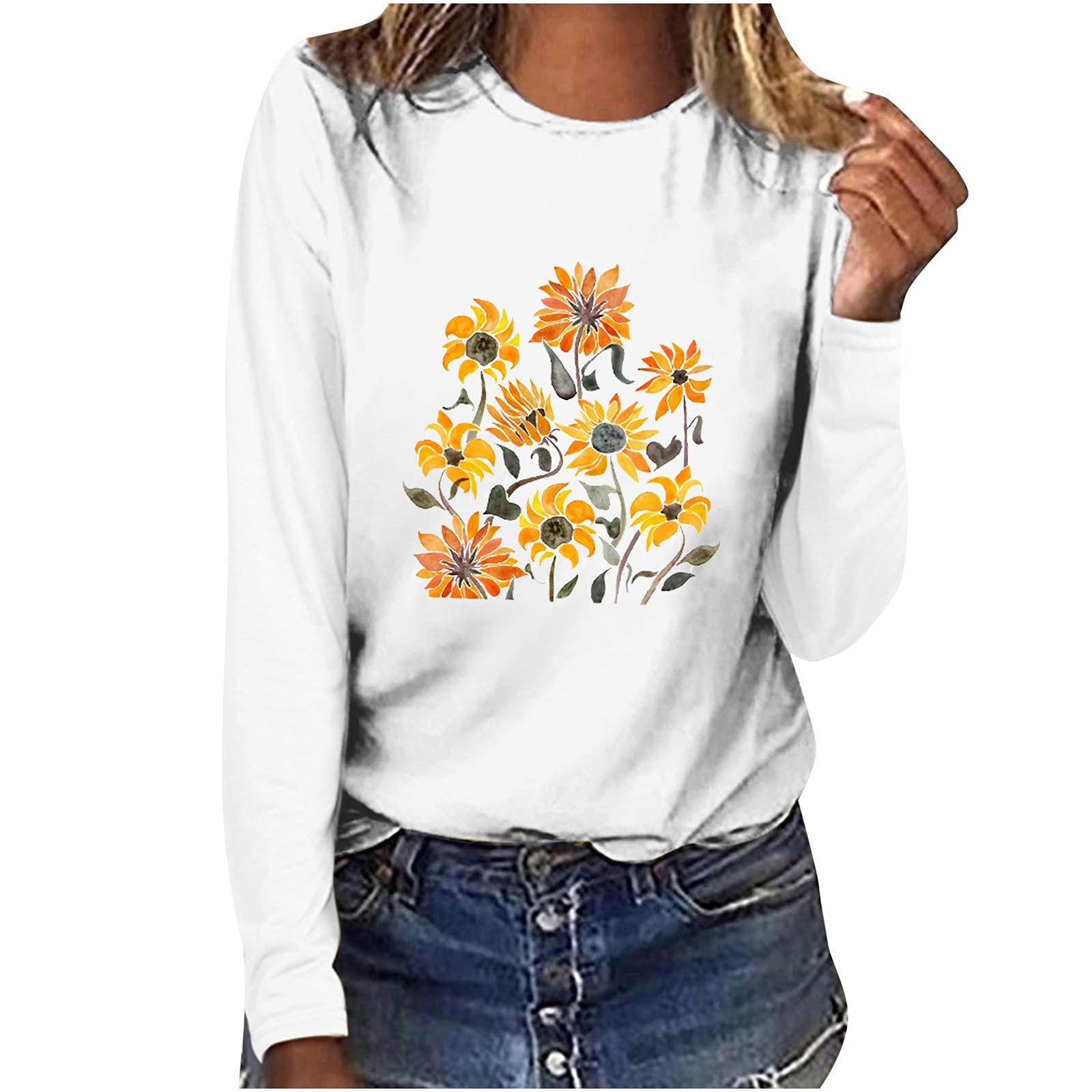 Women's Floral Printed Long Sleeve Shirt | Autumn Casual Graphic Tops | Round Neck Trendy Blouse T-Shirt | Perfect for Fall Outfits, Office Wear & Casual Dates