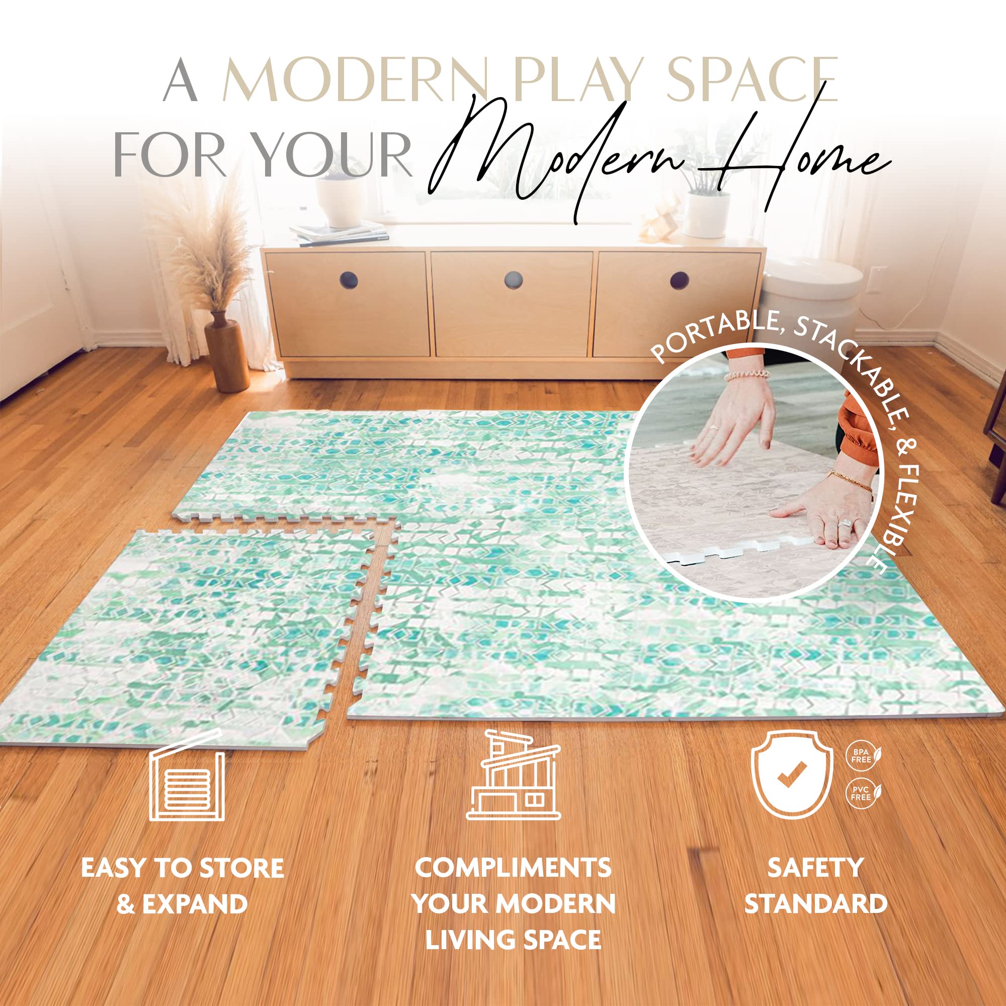 Non-Toxic Baby Play Mat - 6x8 ft Large EVA Foam Floor Mat for Tummy Time & Crawling | Stackable, PVC-Free, Soft & Lightweight Playmat in Jade Green | Perfect for Nursery, Daycare & Playroom Activities