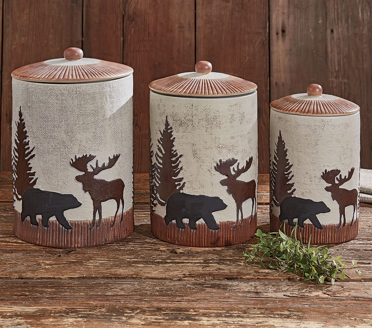 Timberland Moose & Bear Ceramic Canisters Set of 3 - Rustic Kitchen Storage Containers for Coffee, Tea, Sugar & Spices - Perfect for Cabin, Farmhouse or Country Style Decor