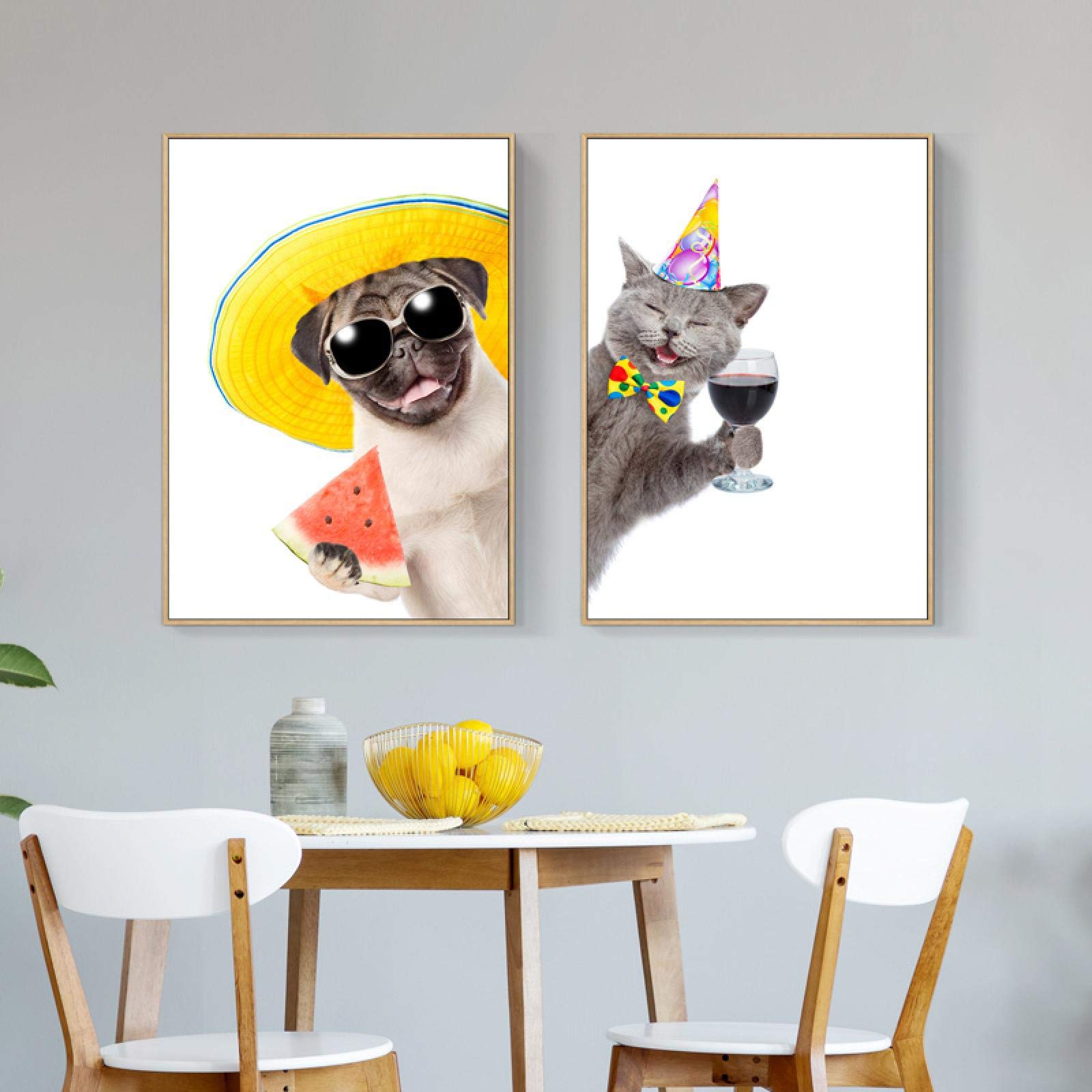 Funny Pug and Cat Canvas Painting Set of 2 - Animals Holding Wine Glasses Wall Art Prints, Framed Aesthetic Posters for Living Room, Bedroom & Office Decor