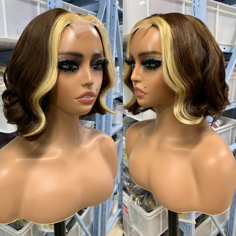 Eullair Short Layered Straight Bob Wig - Chocolate Brown with Honey Blonde Highlights 100% Human Hair Wavy Loose Wig for Women | Perfect for Cosplay, Daily Wear & Costume Parties