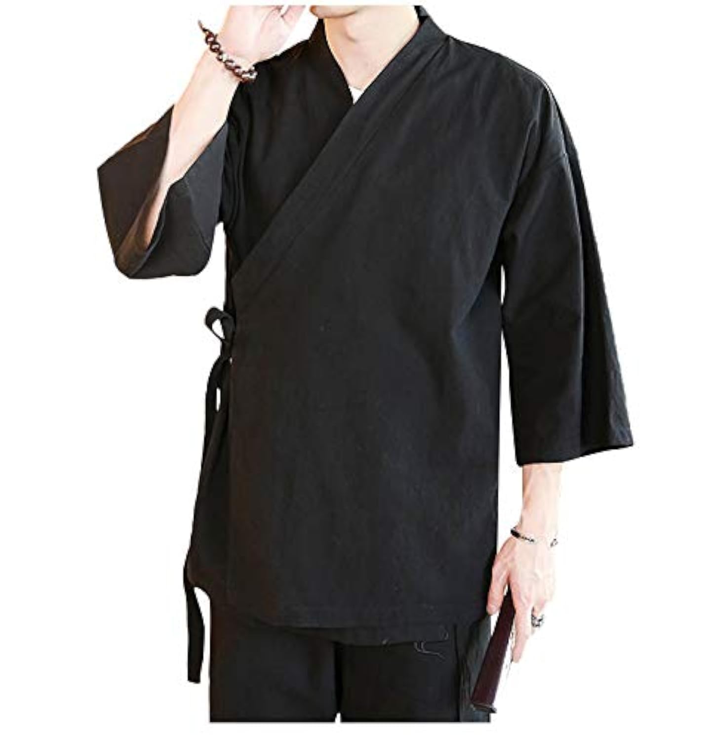 StarDY Men's Chinese Style Linen Cardigan Jacket - Loose Kimono Jacket with Self-Tie Belt, Solid Color Hanfu Traditional Clothing for Meditation, Tea Ceremony & Cultural Events